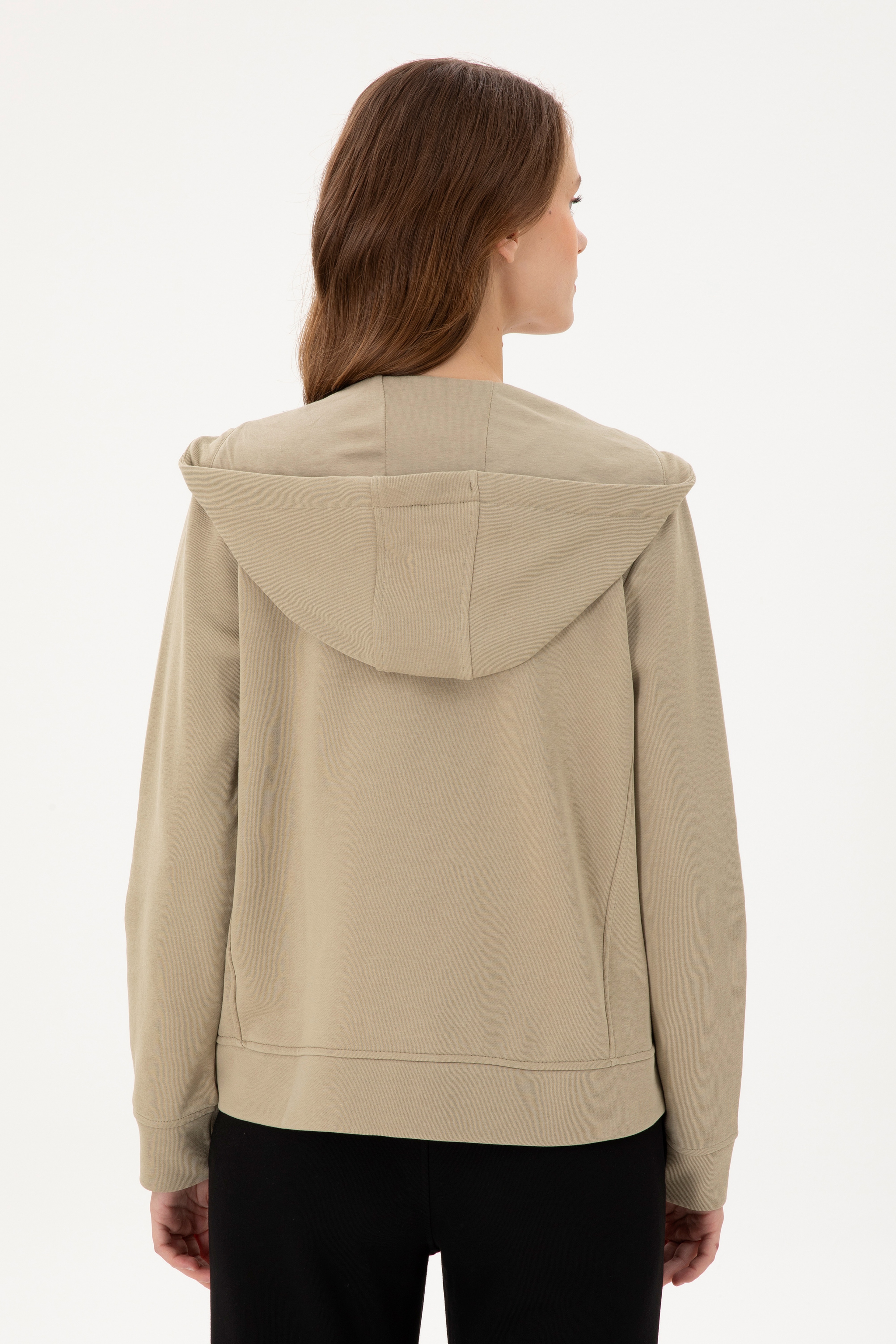 Kadın Açık Haki Basic Kapüşonlu Sweatshirt