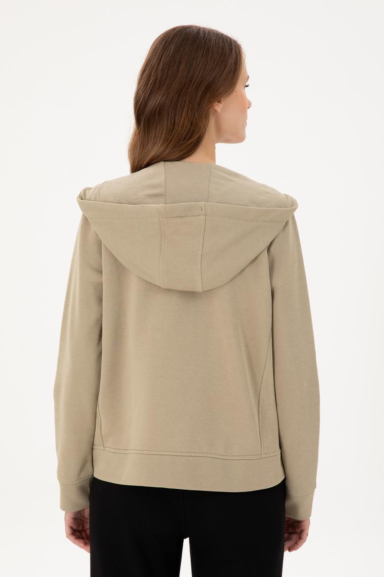 Kadın Açık Haki Basic Kapüşonlu Sweatshirt - 50289540112