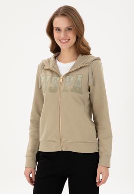 Kadın Açık Haki Basic Kapüşonlu Sweatshirt - 50289540112