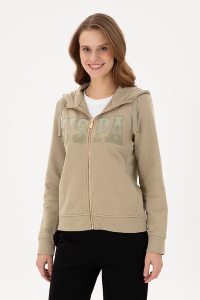 Kadın Açık Haki Basic Kapüşonlu Sweatshirt