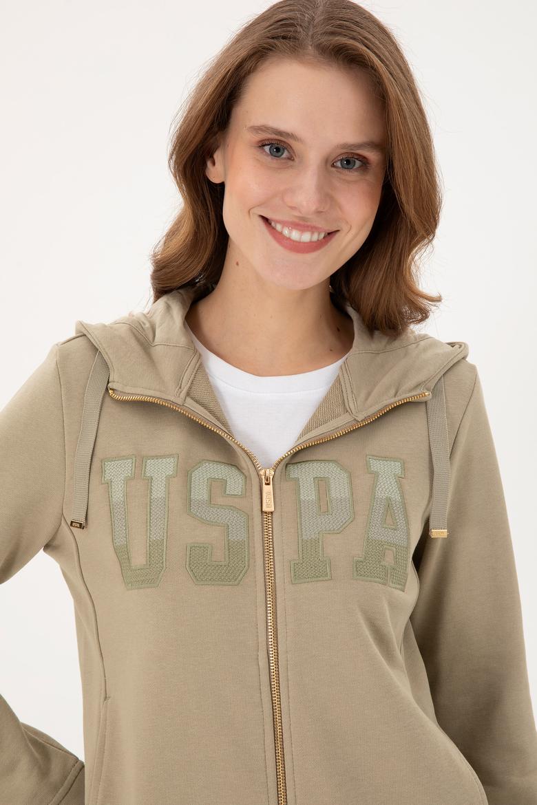 Kadın Açık Haki Basic Kapüşonlu Sweatshirt - 50289540112