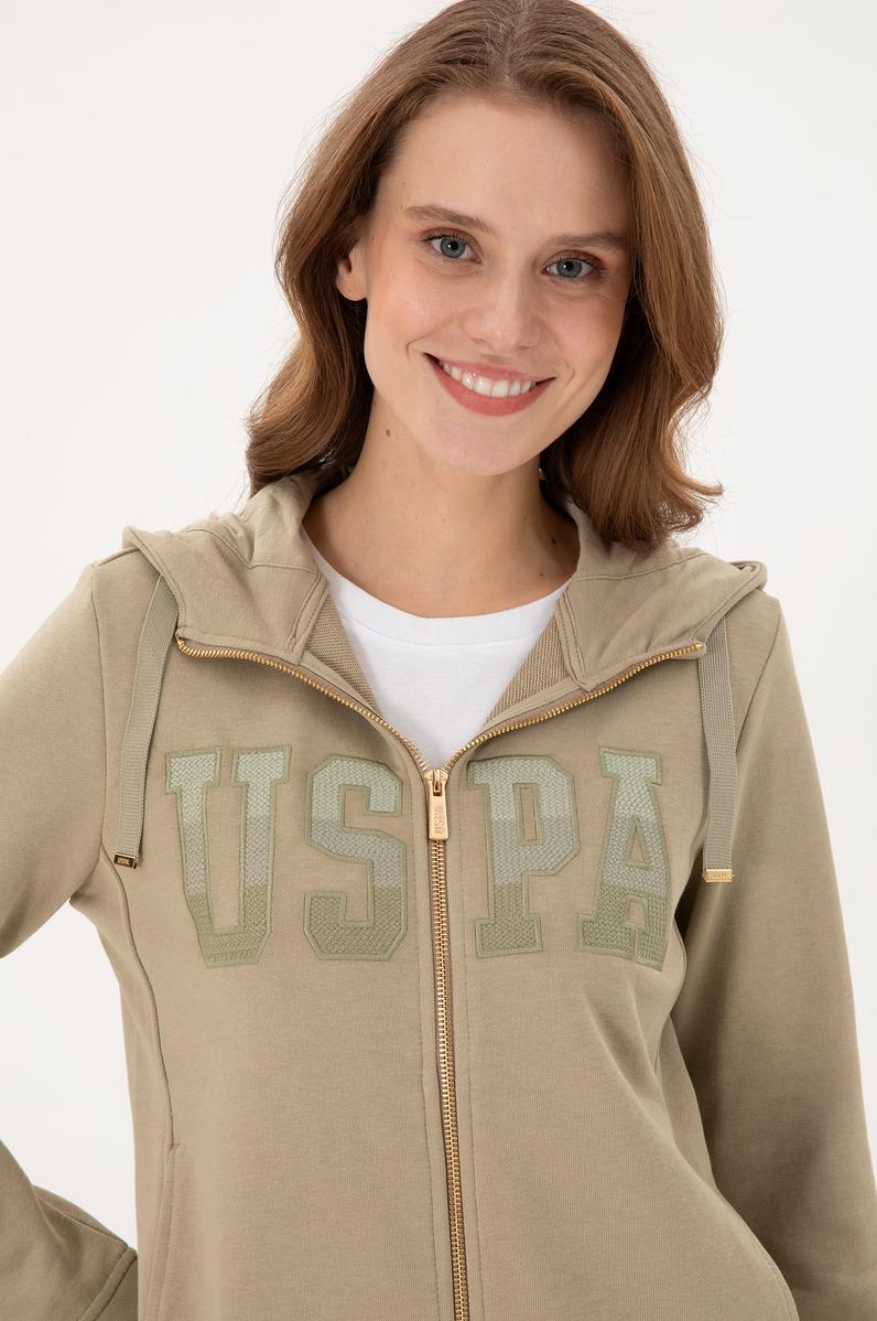 Kadın Açık Haki Basic Kapüşonlu Sweatshirt