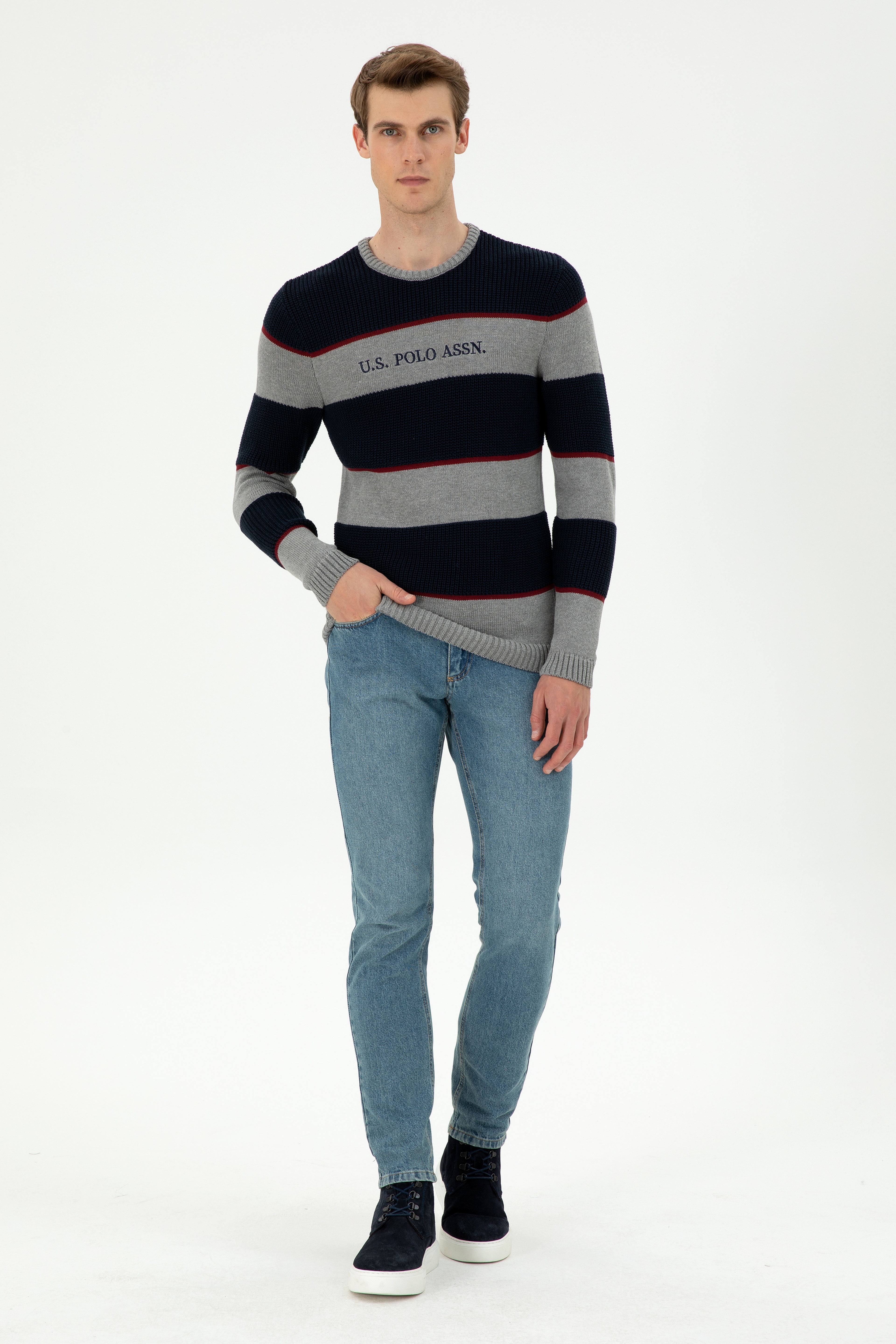 Erkek Slim Fit Bisiklet Yaka Gri Melanj Kazak - Image 4