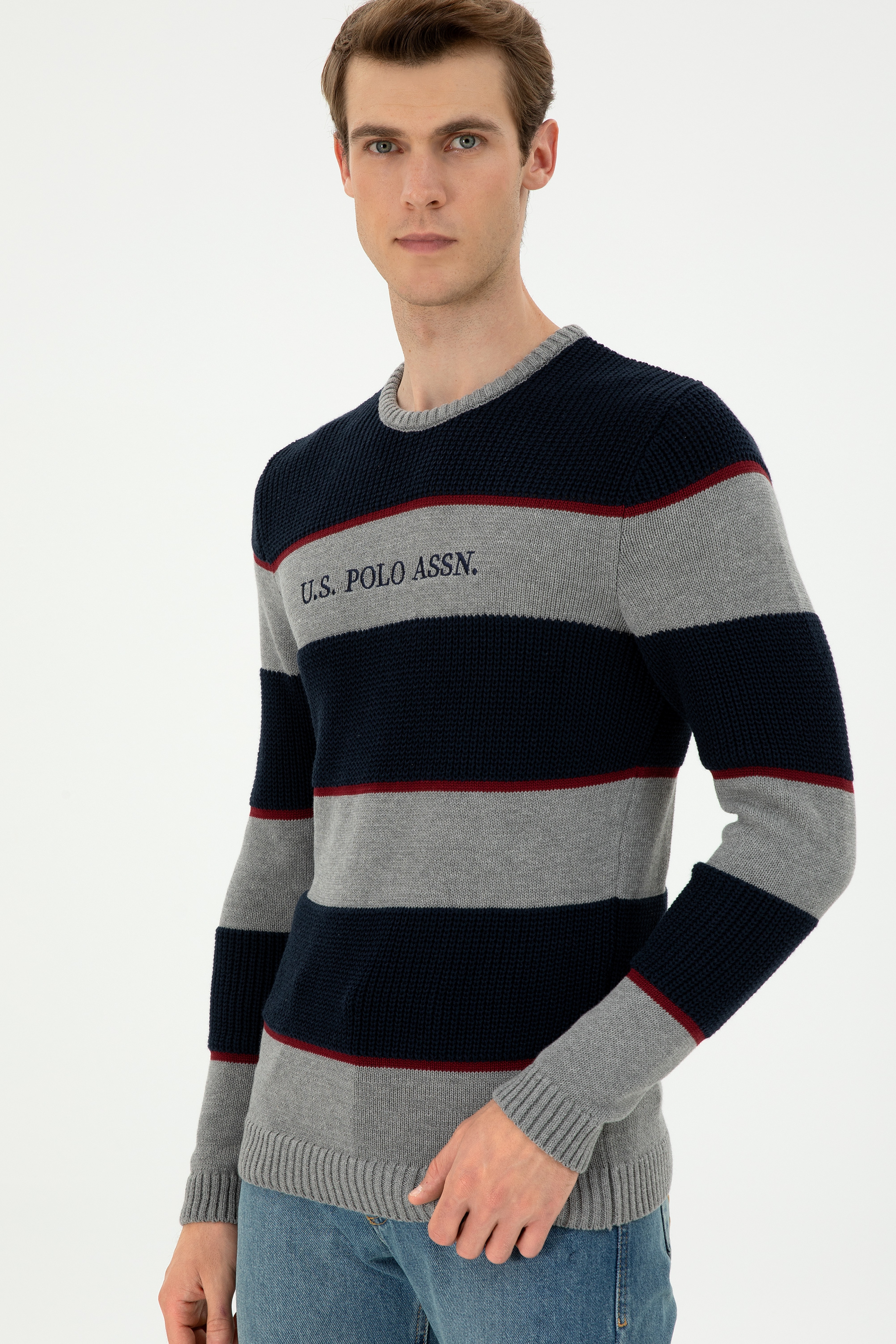 Erkek Slim Fit Bisiklet Yaka Gri Melanj Kazak - Image 3