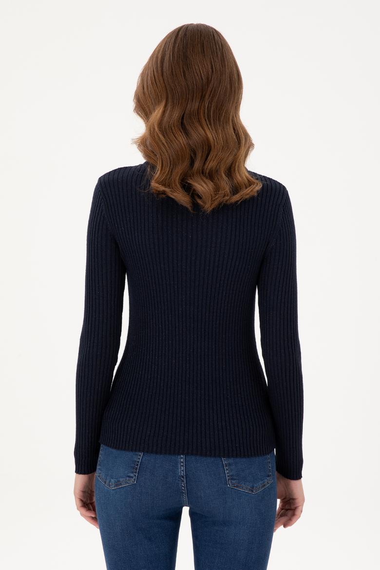 Kadın Lacivert Bisiklet Yaka Simli Kazak - 50294092013