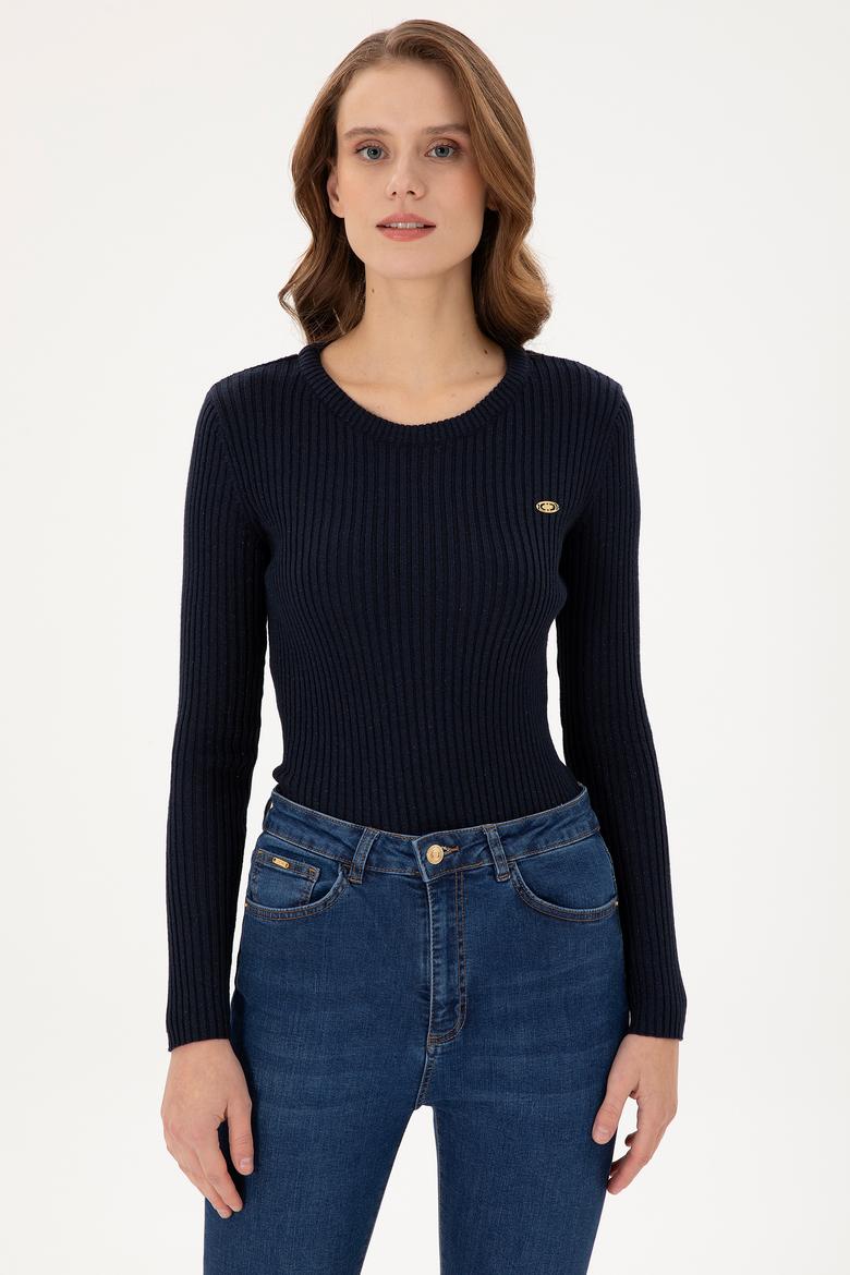 Kadın Lacivert Bisiklet Yaka Simli Kazak - 50294092013