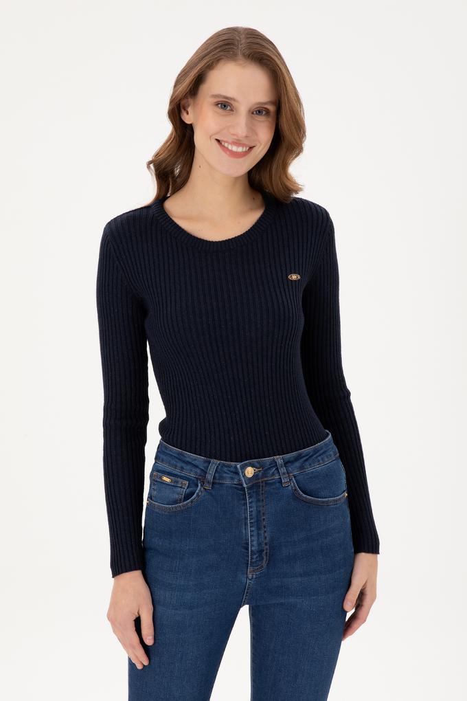 Kadın Lacivert Bisiklet Yaka Simli Kazak