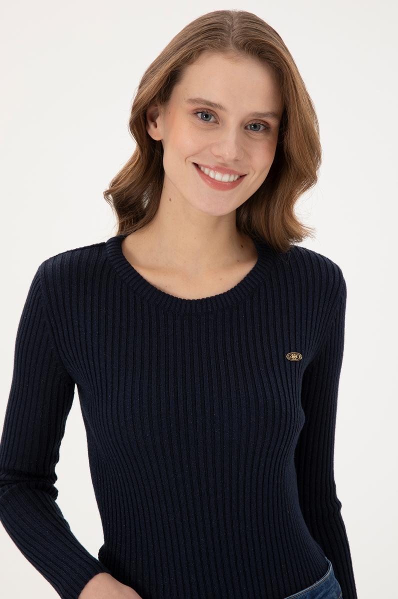 Kadın Lacivert Bisiklet Yaka Simli Kazak