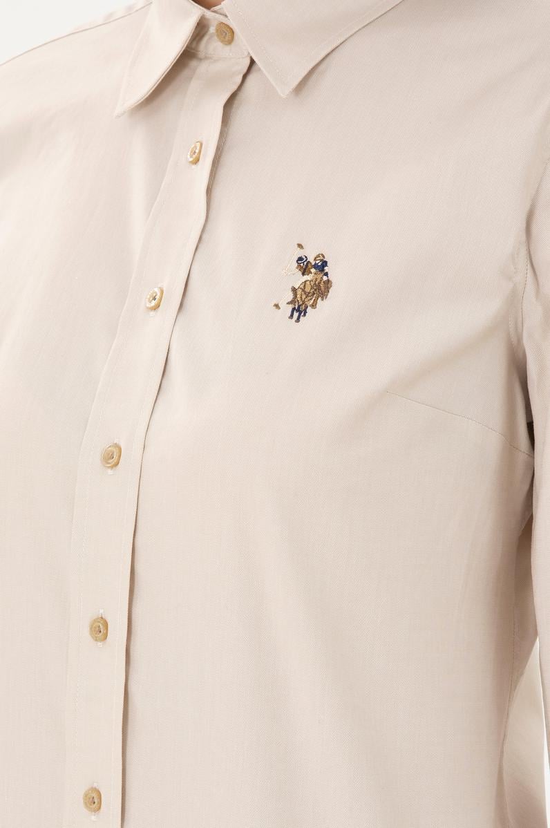 Kadın Açık Haki Uzun Kollu Basic Gömlek