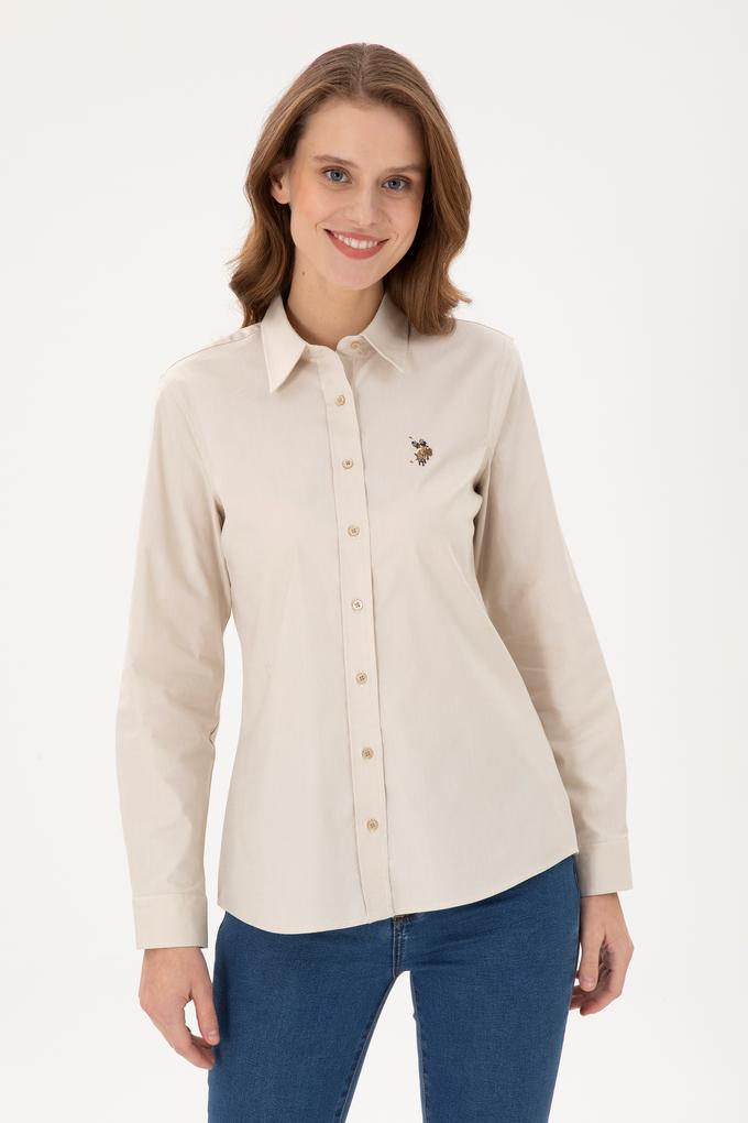 Kadın Açık Haki Uzun Kollu Basic Gömlek