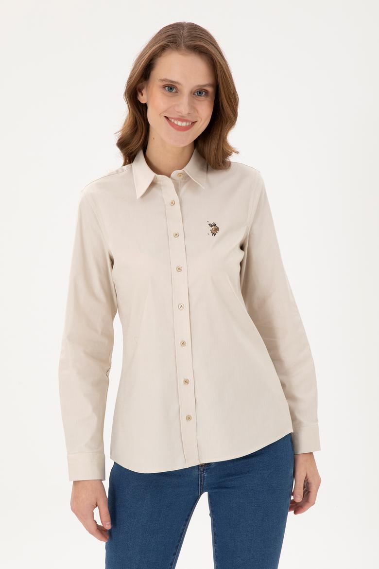 Kadın Açık Haki Uzun Kollu Basic Gömlek