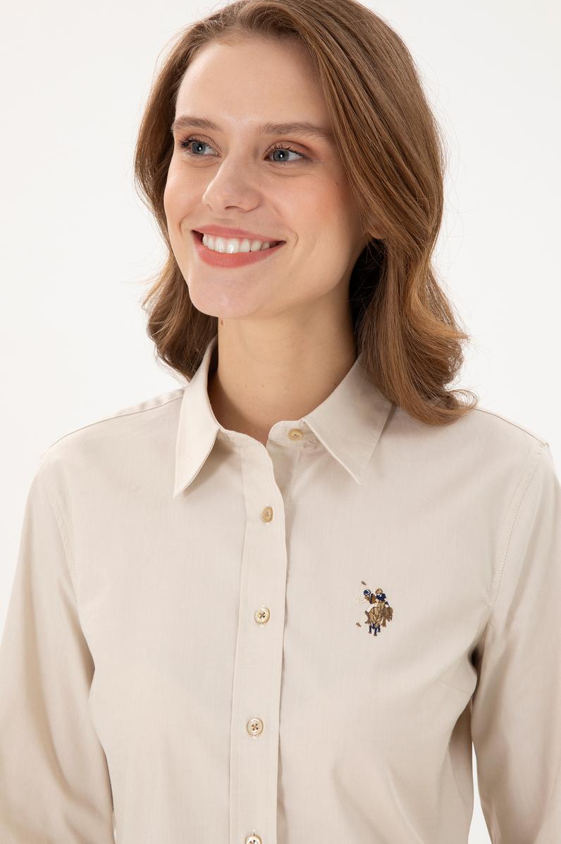 Kadın Açık Haki Uzun Kollu Basic Gömlek