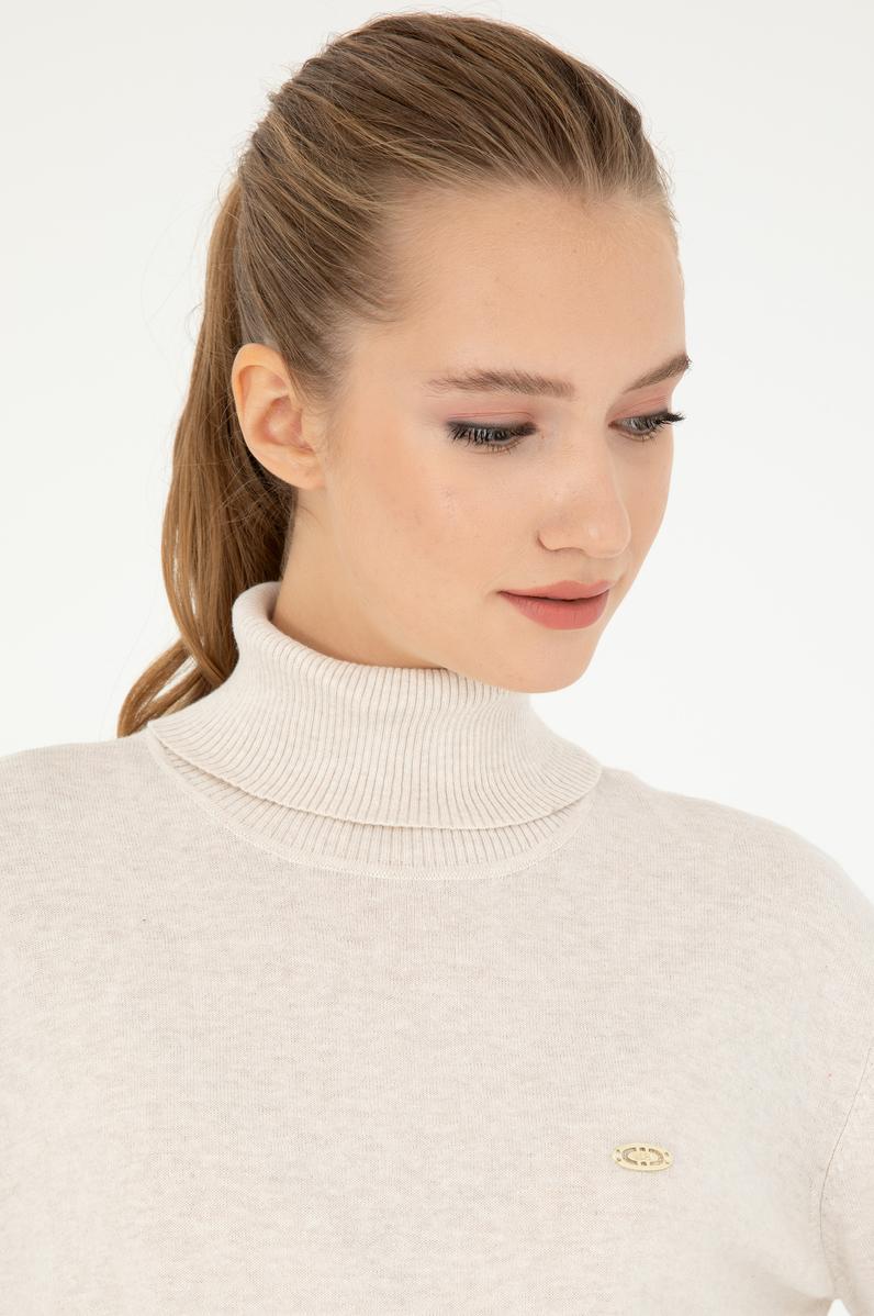 Kadın Krem Melanj Basic Boğazlı Kazak