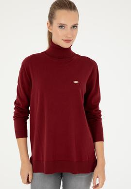 Kadın Bordo Basic Boğazlı Kazak - 50294570022