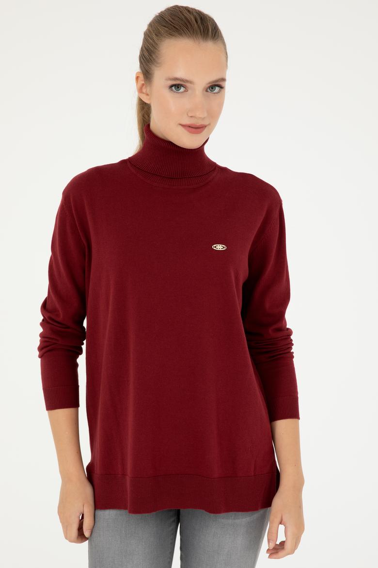 Kadın Bordo Basic Boğazlı Kazak - 50294570022