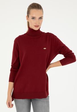 Kadın Bordo Basic Boğazlı Kazak - 50294570022