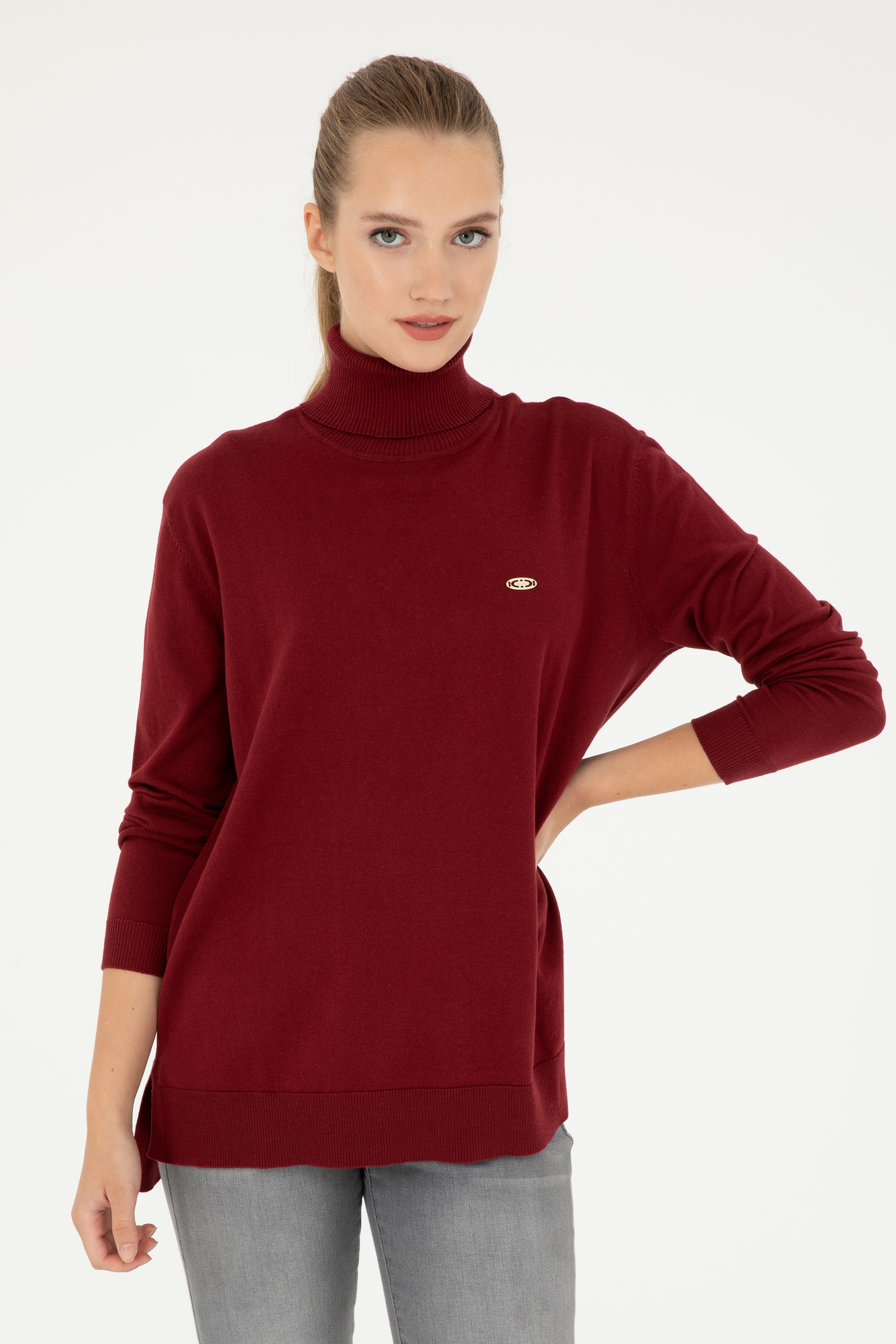 Kadın Bordo Basic Boğazlı Kazak - Image 1