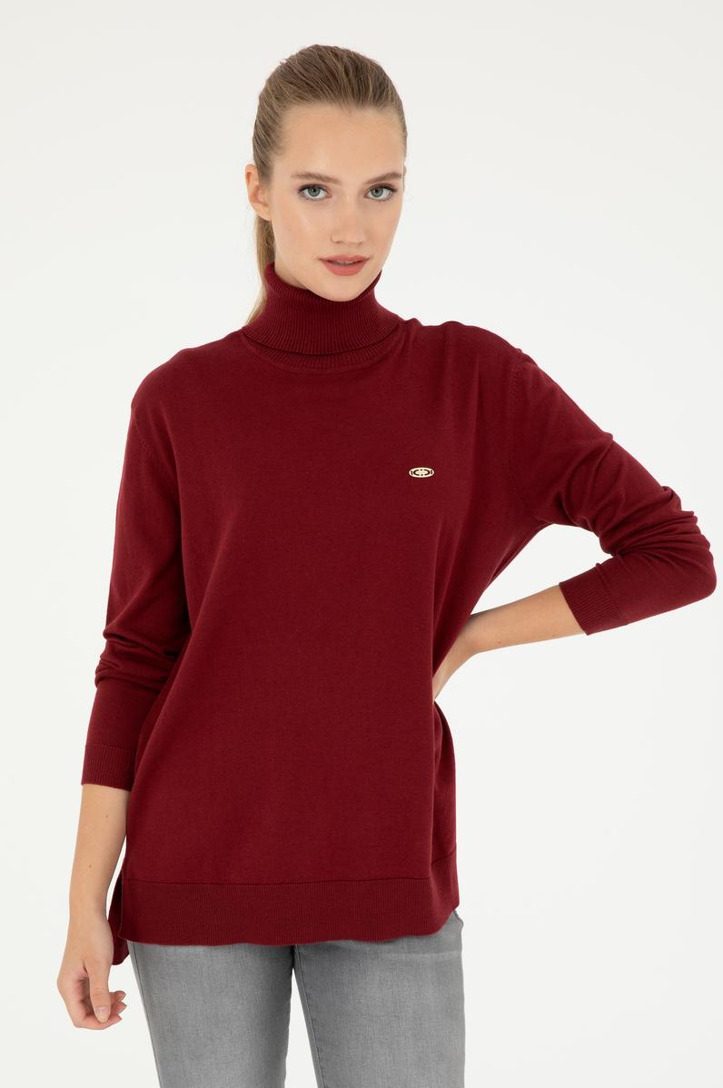 Kadın Bordo Basic Boğazlı Kazak