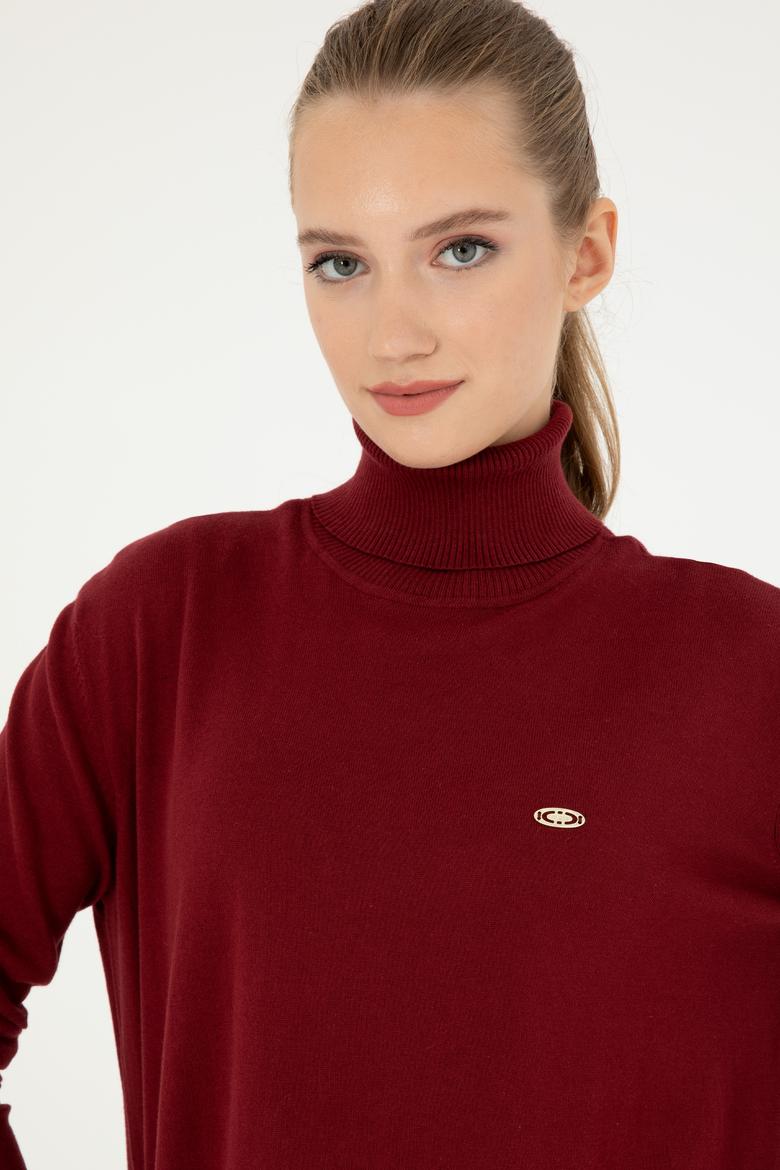 Kadın Bordo Basic Boğazlı Kazak - 50294570022