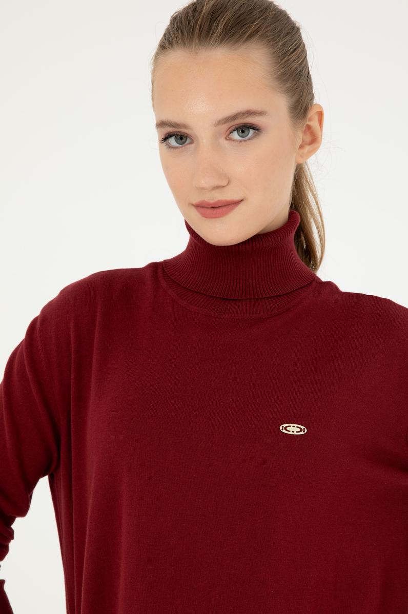 Kadın Bordo Basic Boğazlı Kazak