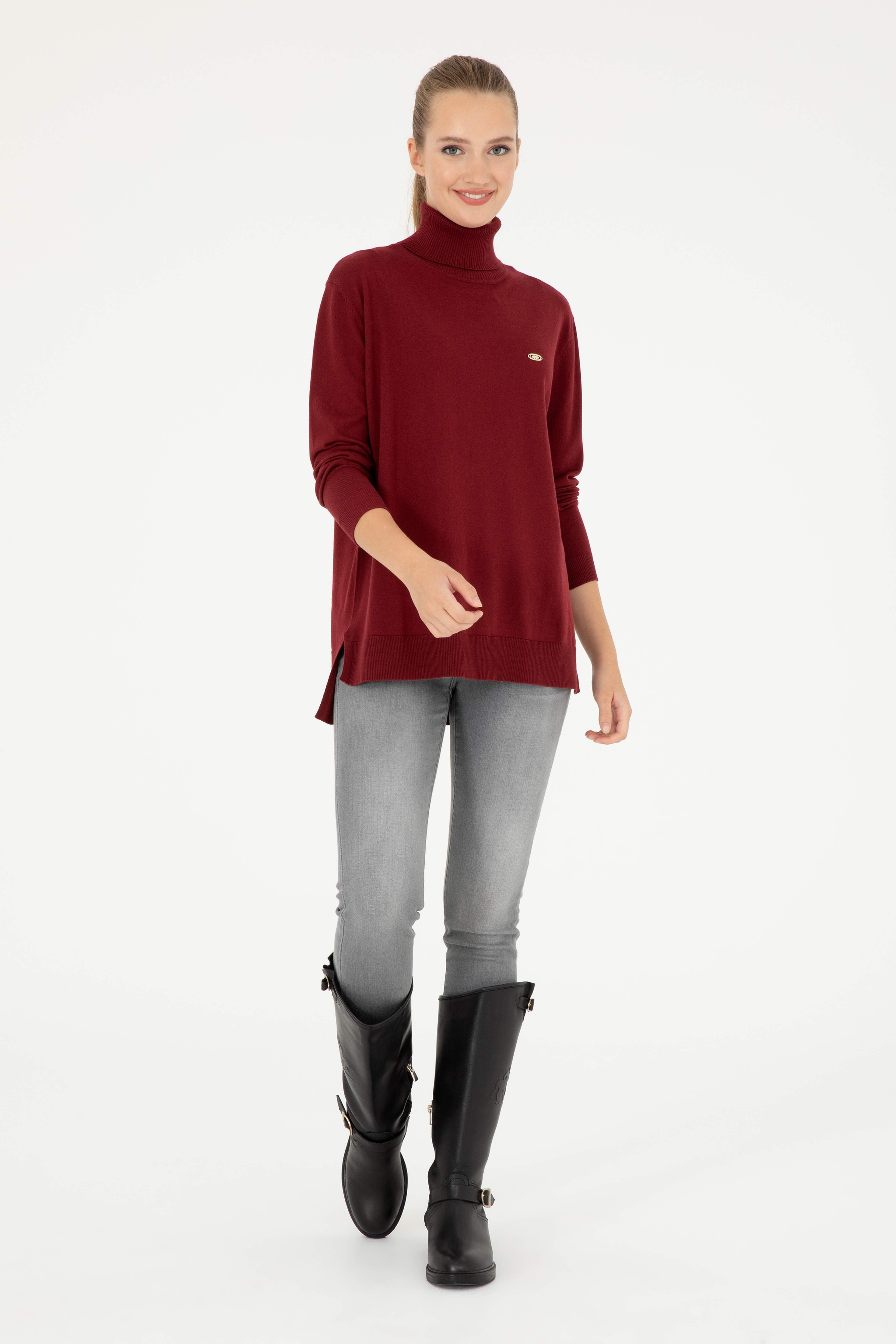 Kadın Bordo Basic Boğazlı Kazak - Image 4