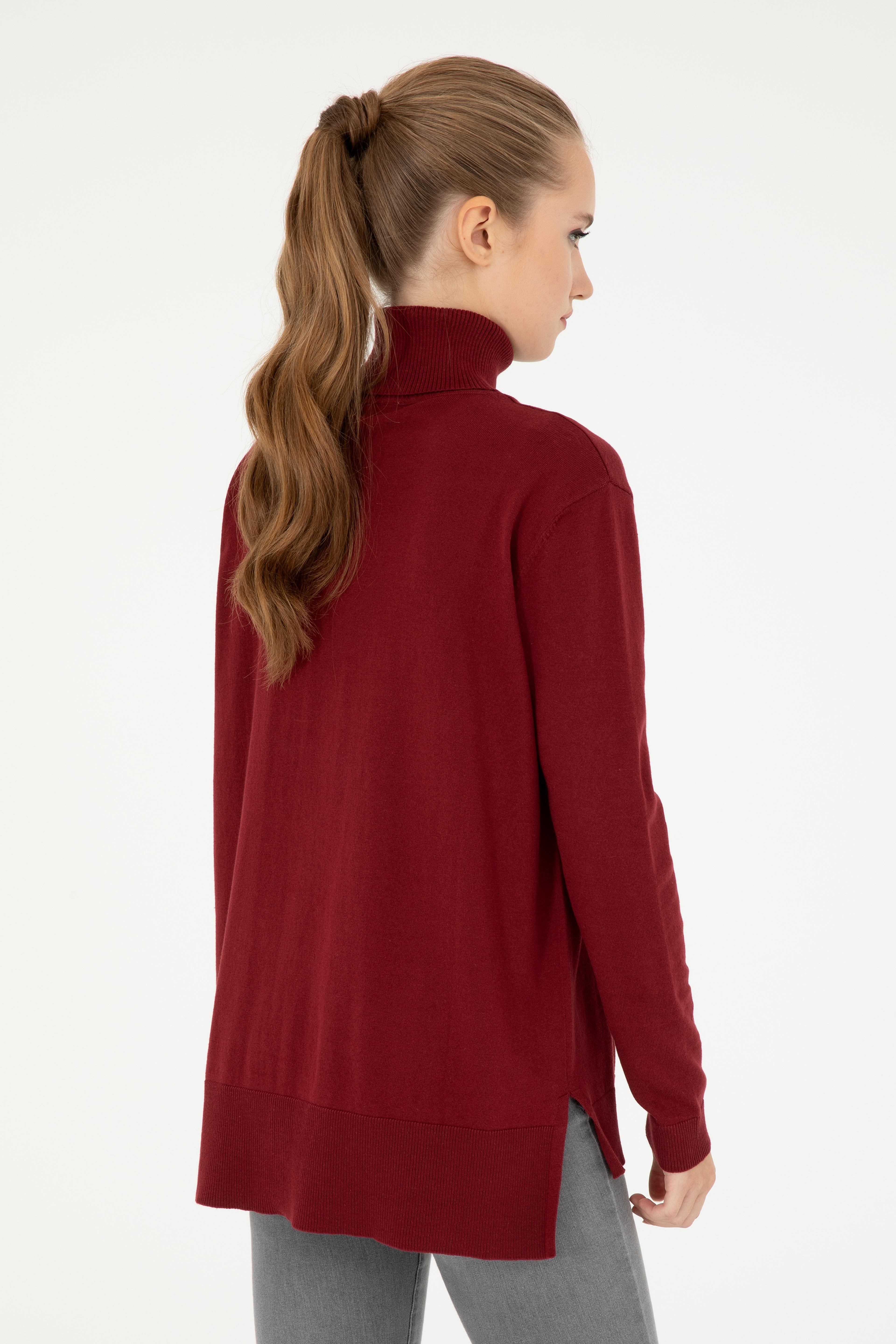Kadın Bordo Basic Boğazlı Kazak - Image 5