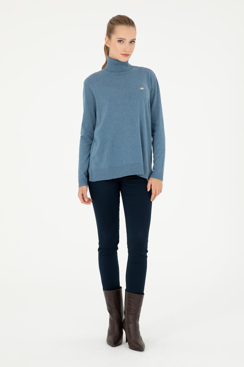 Kadın Mavi Basic Boğazlı Kazak - 50294570031