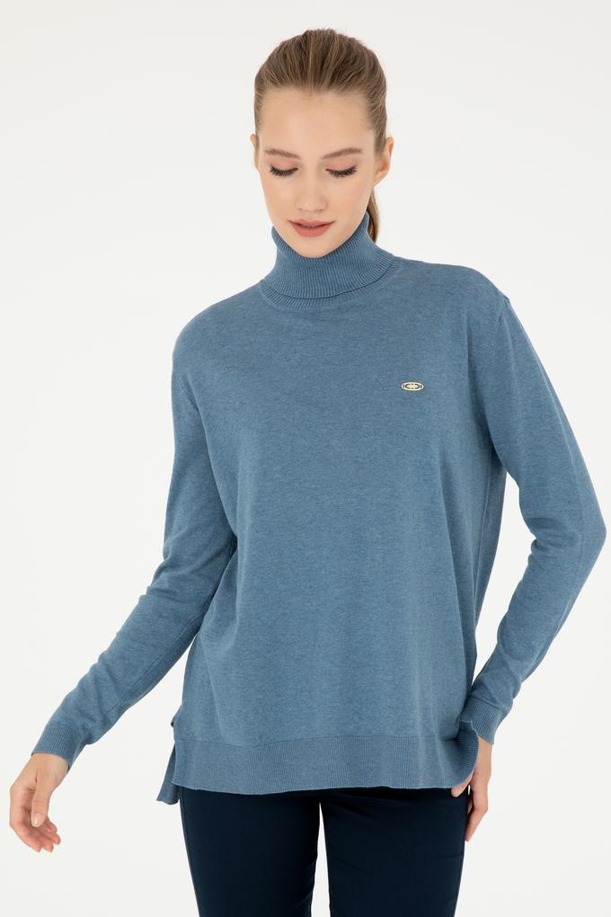 Kadın Mavi Basic Boğazlı Kazak