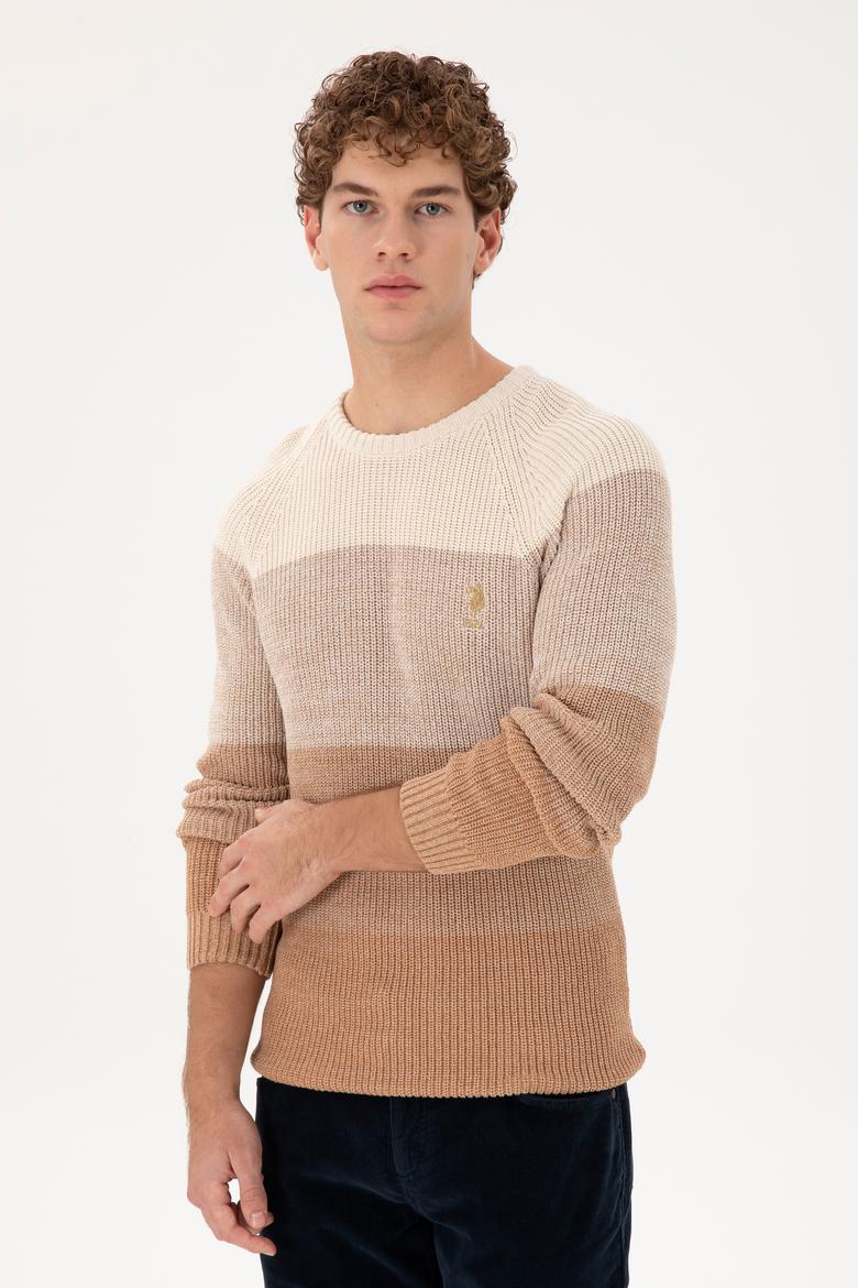 Erkek Slim Fit Bisiklet Yaka Camel Kazak