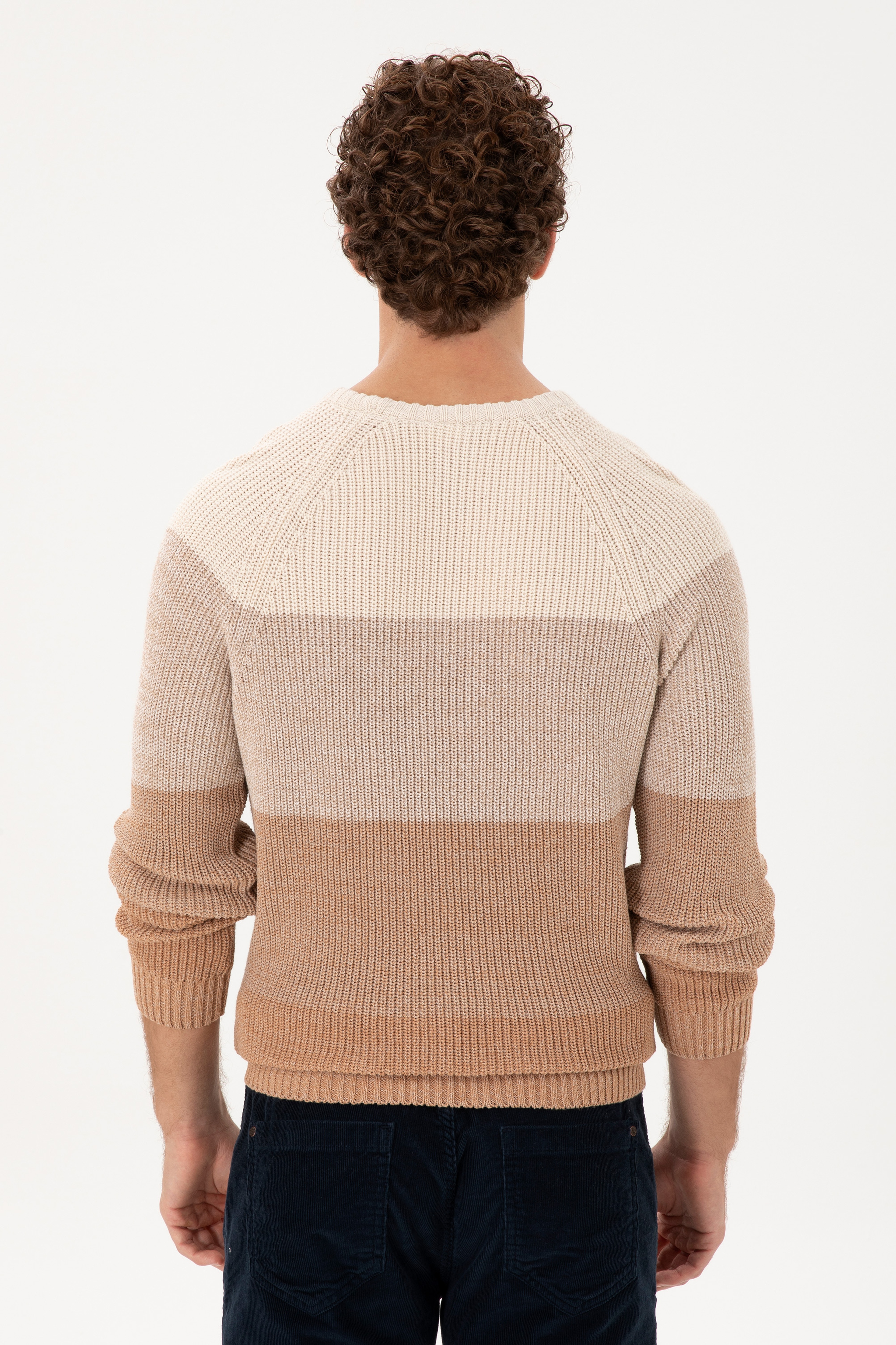 Erkek Slim Fit Bisiklet Yaka Camel Kazak