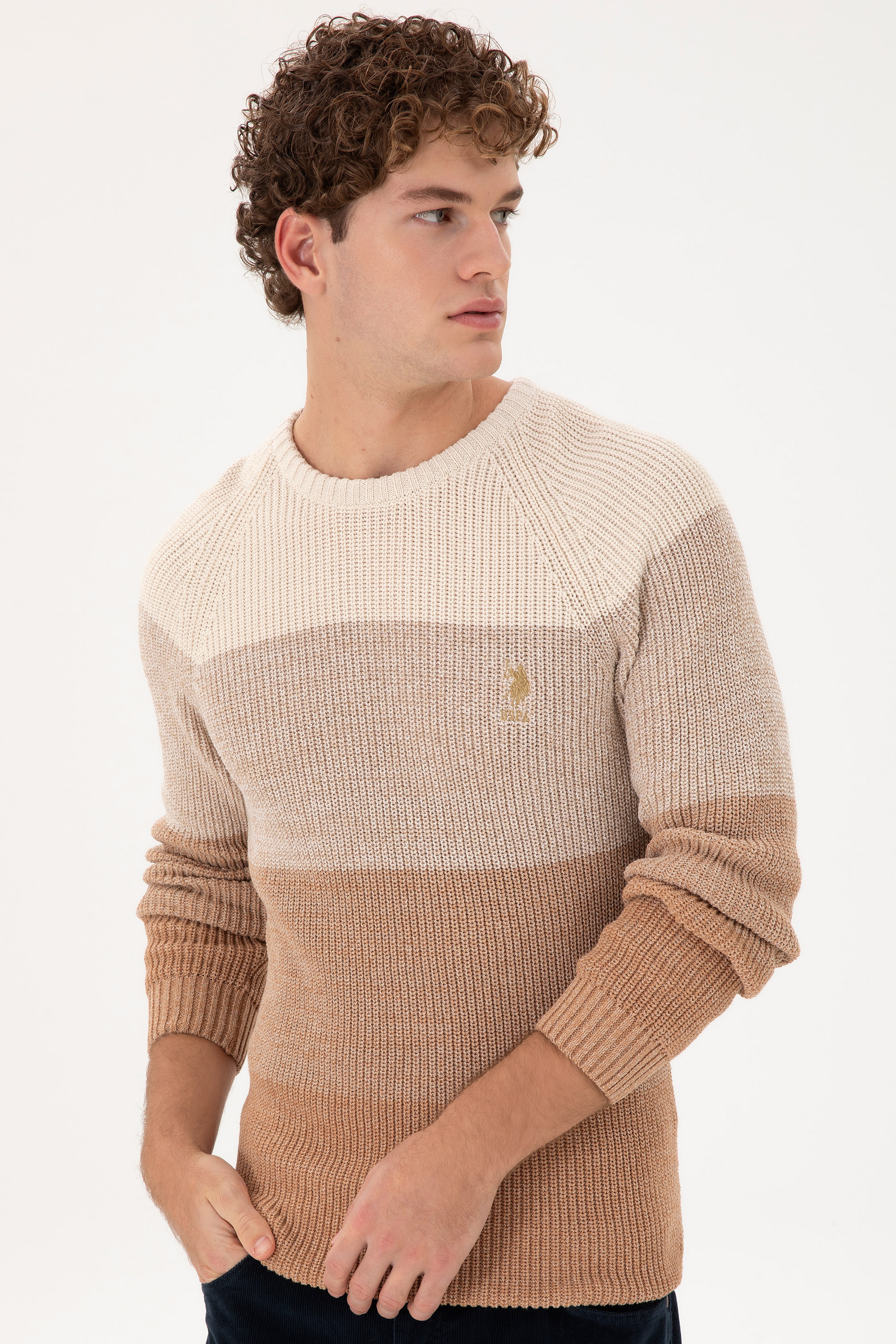 Erkek Slim Fit Bisiklet Yaka Camel Kazak - Image 3