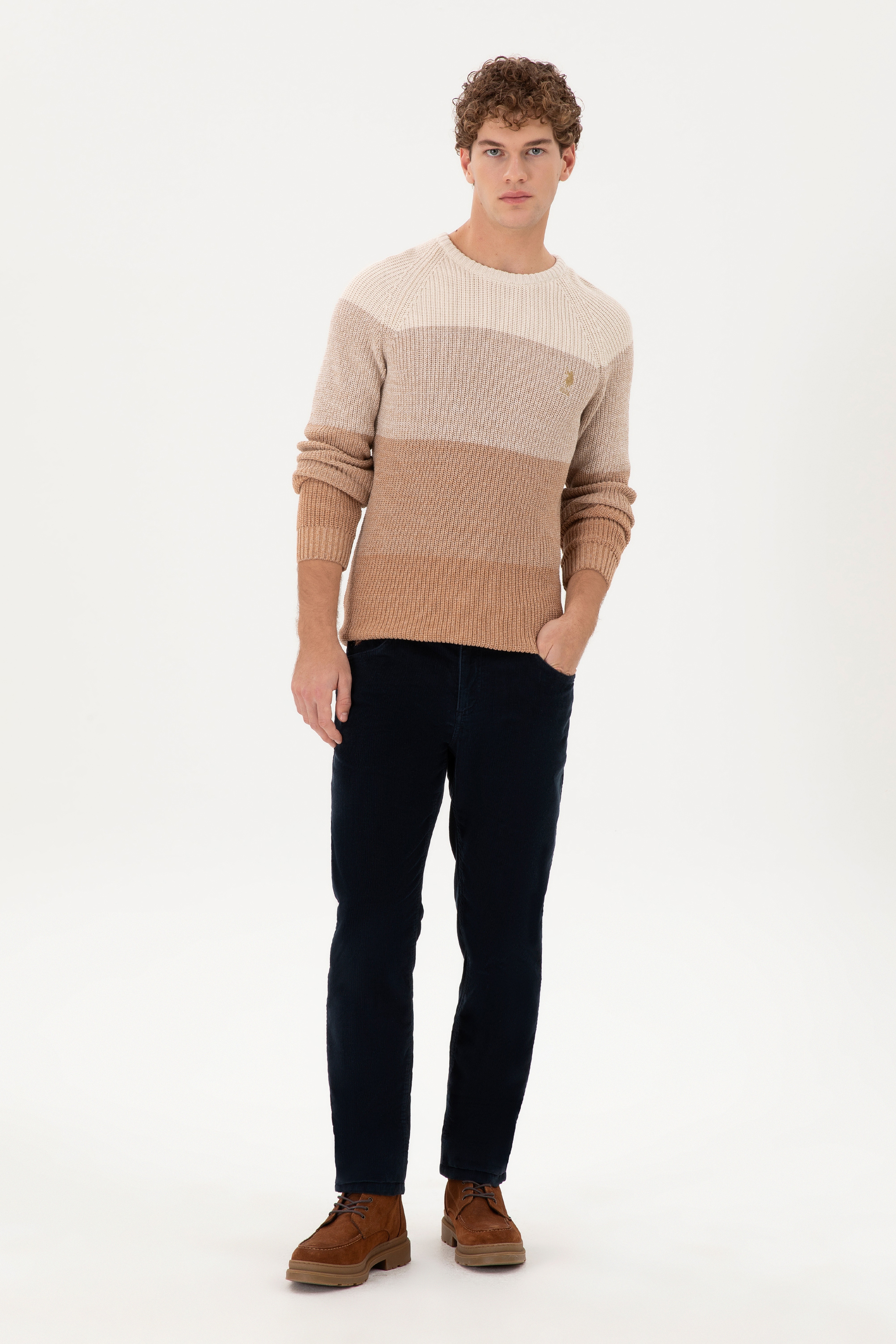 Erkek Slim Fit Bisiklet Yaka Camel Kazak