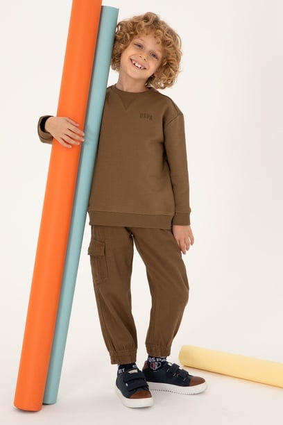 Erkek Çocuk Haki Basic Bisiklet Yaka Sweatshirt