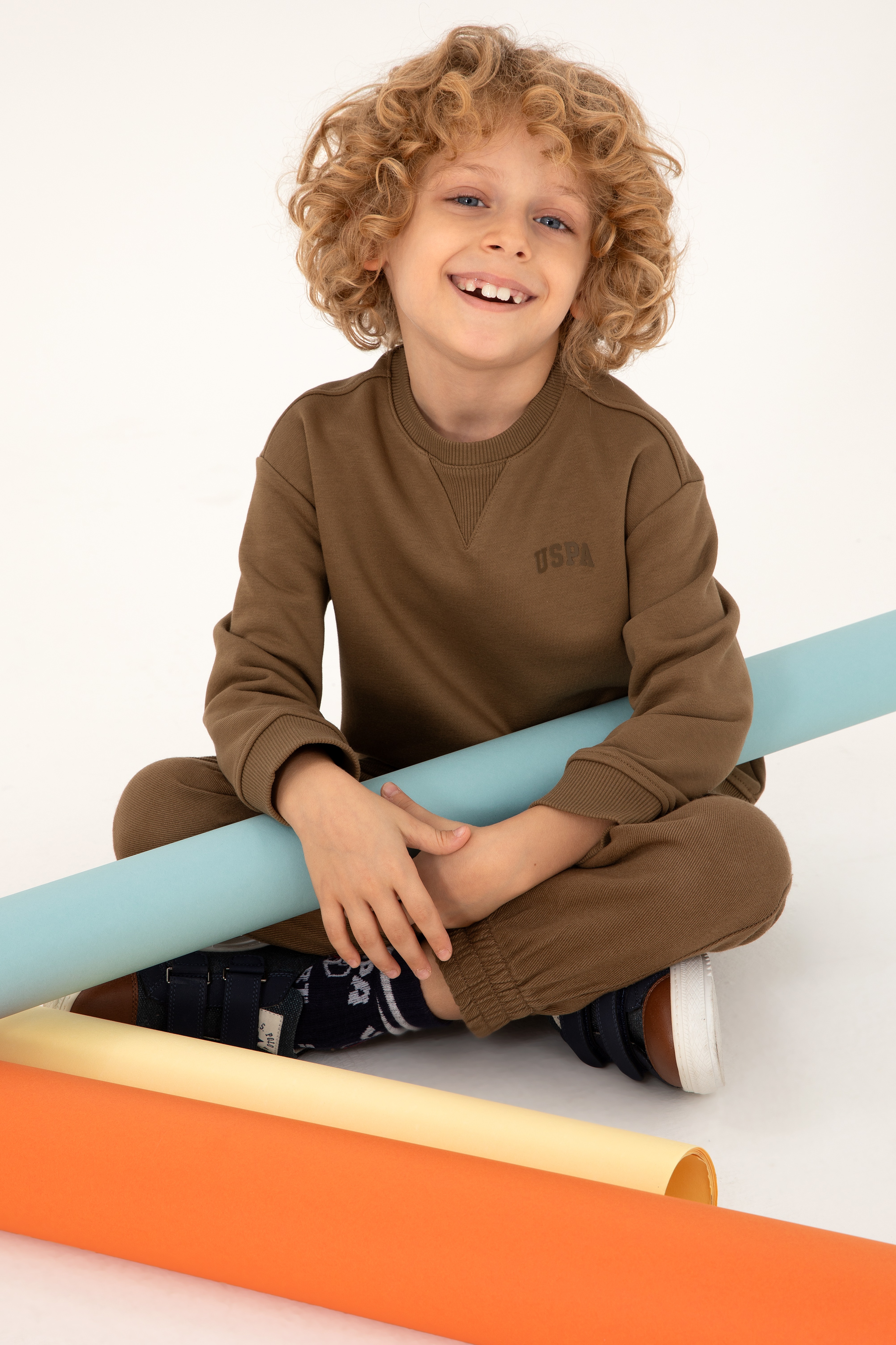 Erkek Çocuk Haki Basic Bisiklet Yaka Sweatshirt - Image 1