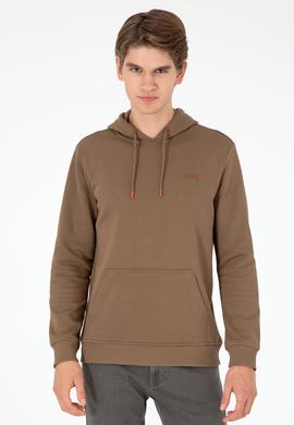 Erkek Kapüşonlu Haki Basic Şardonlu Sweatshirt - 50295176033