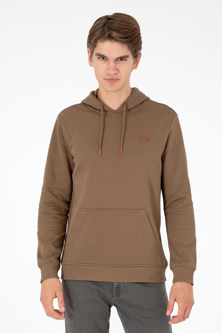 Erkek Kapüşonlu Haki Basic Şardonlu Sweatshirt