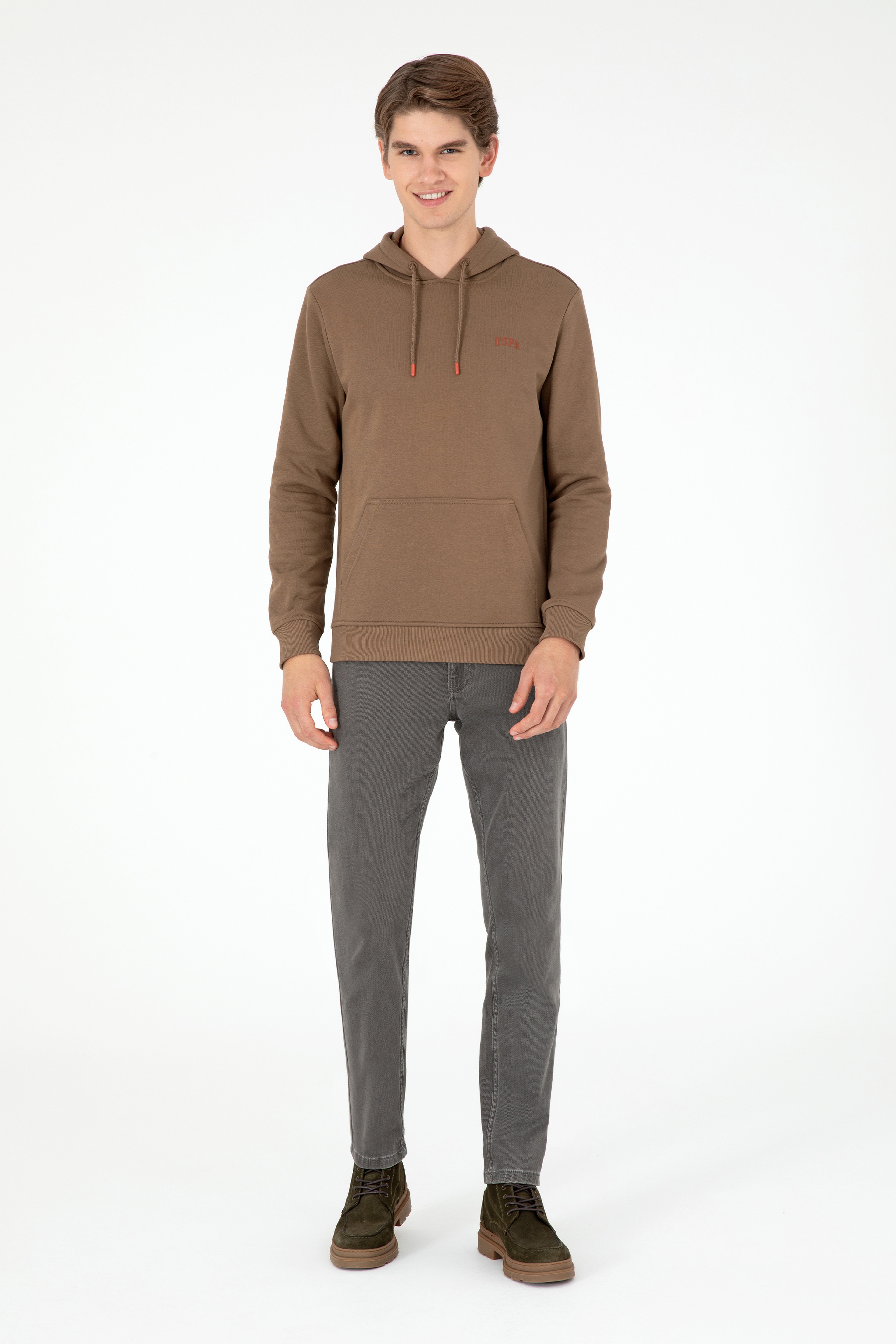 Erkek Kapüşonlu Haki Basic Şardonlu Sweatshirt