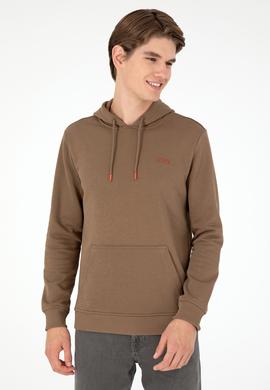 Erkek Kapüşonlu Haki Basic Şardonlu Sweatshirt - 50295176033