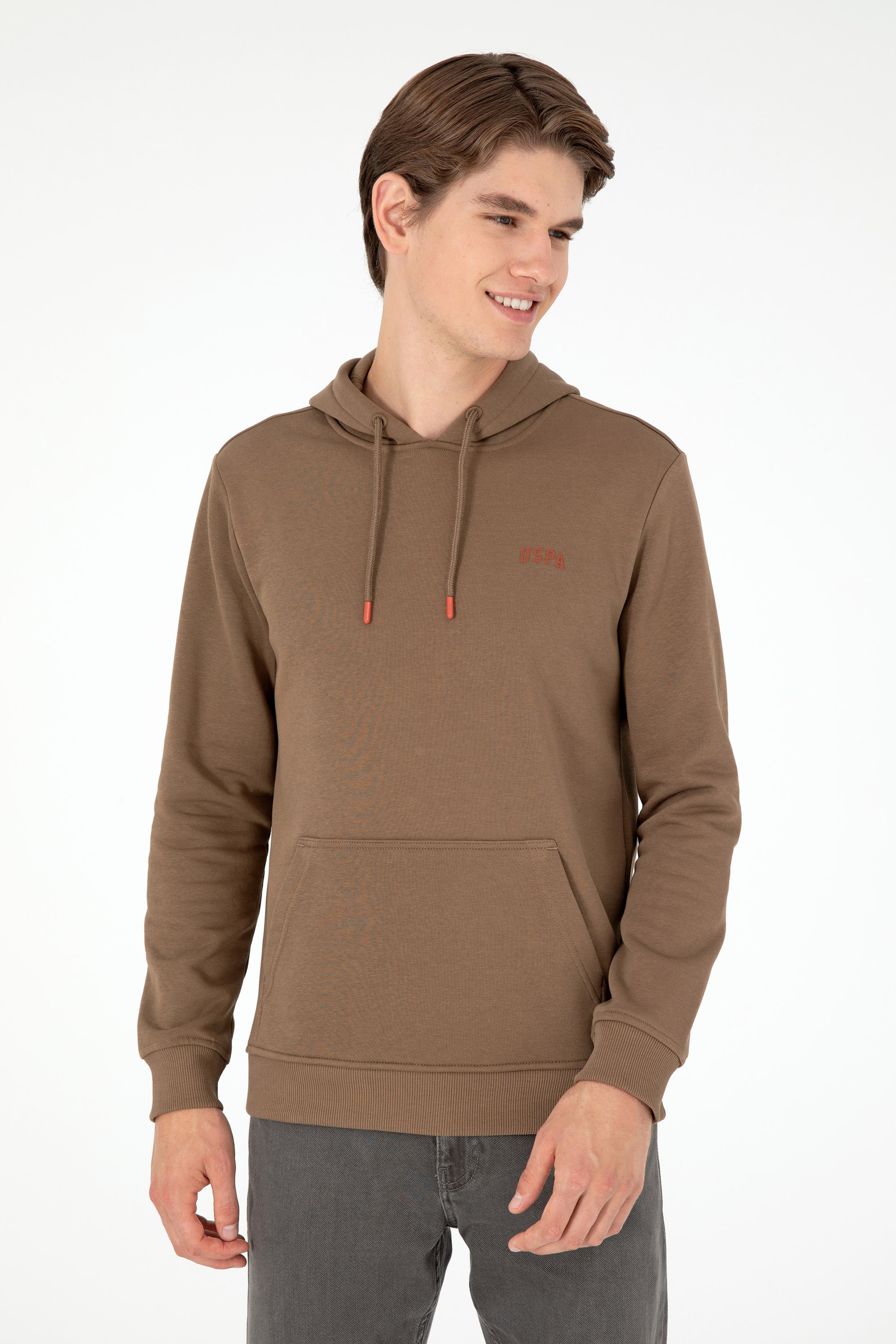 Erkek Kapüşonlu Haki Basic Şardonlu Sweatshirt - Image 3