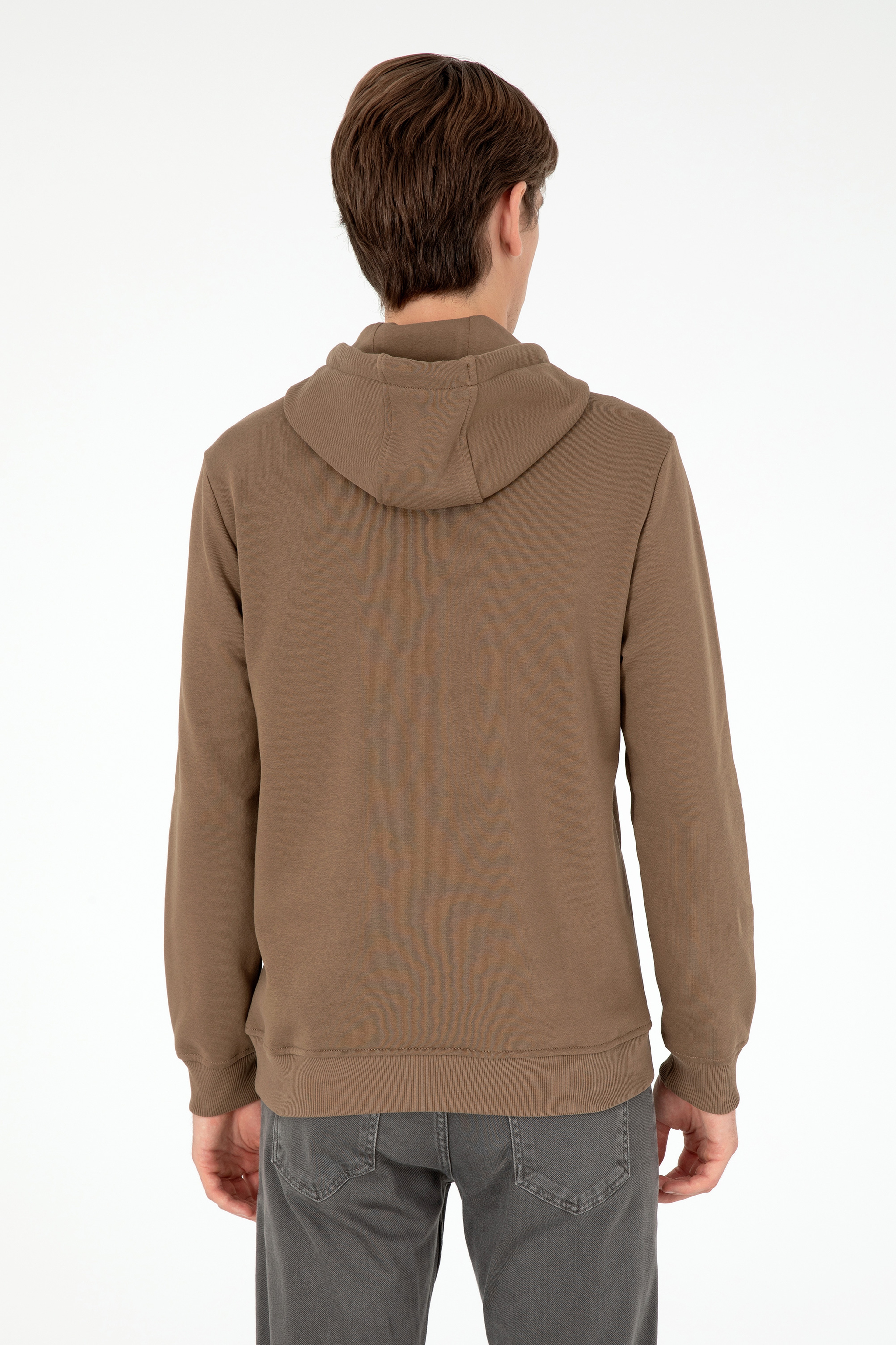 Erkek Kapüşonlu Haki Basic Şardonlu Sweatshirt