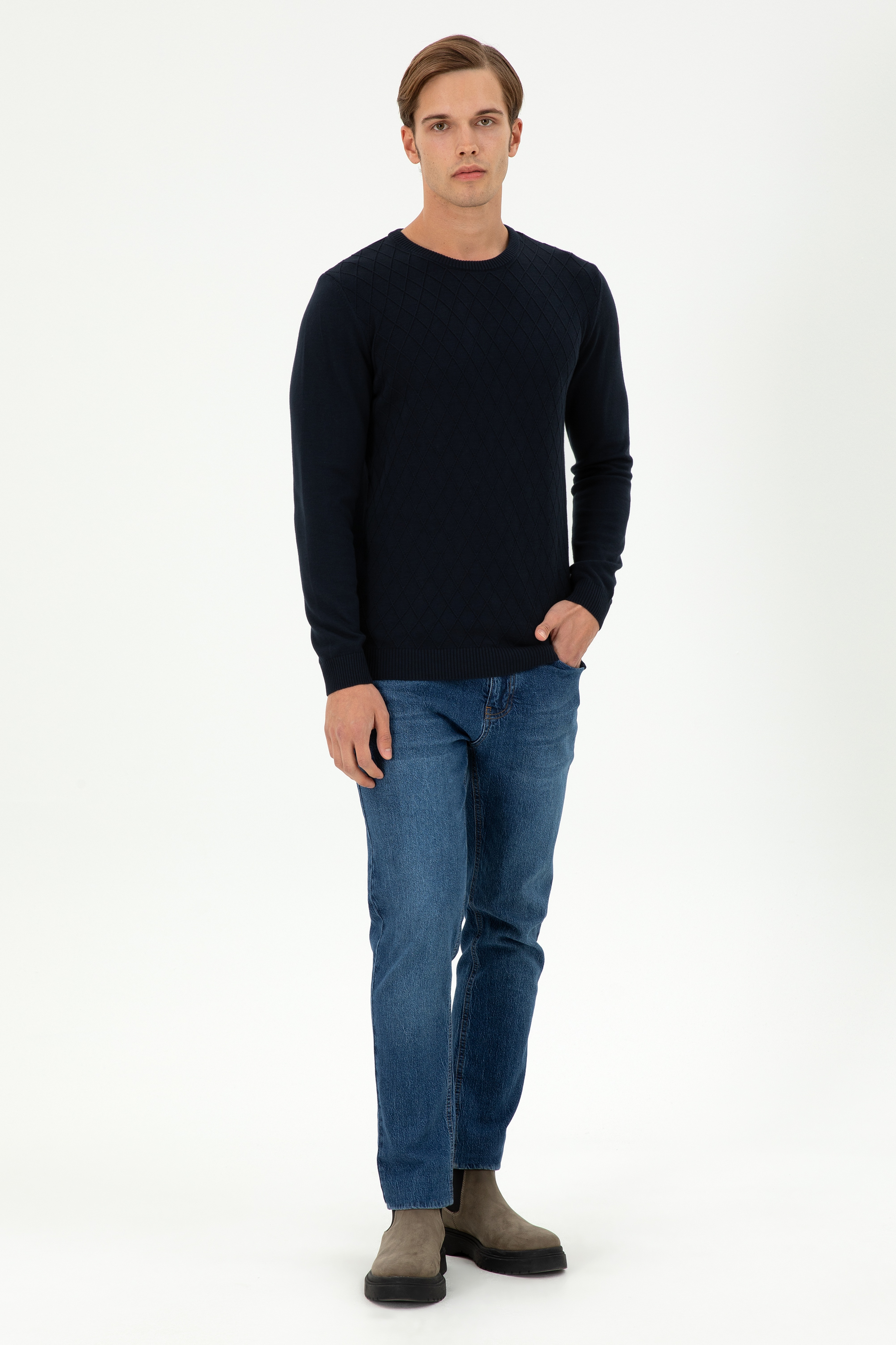 Erkek Slim Fit Bisiklet Yaka Lacivert Kazak - Image 4