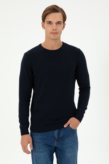Erkek Slim Fit Bisiklet Yaka Lacivert Kazak