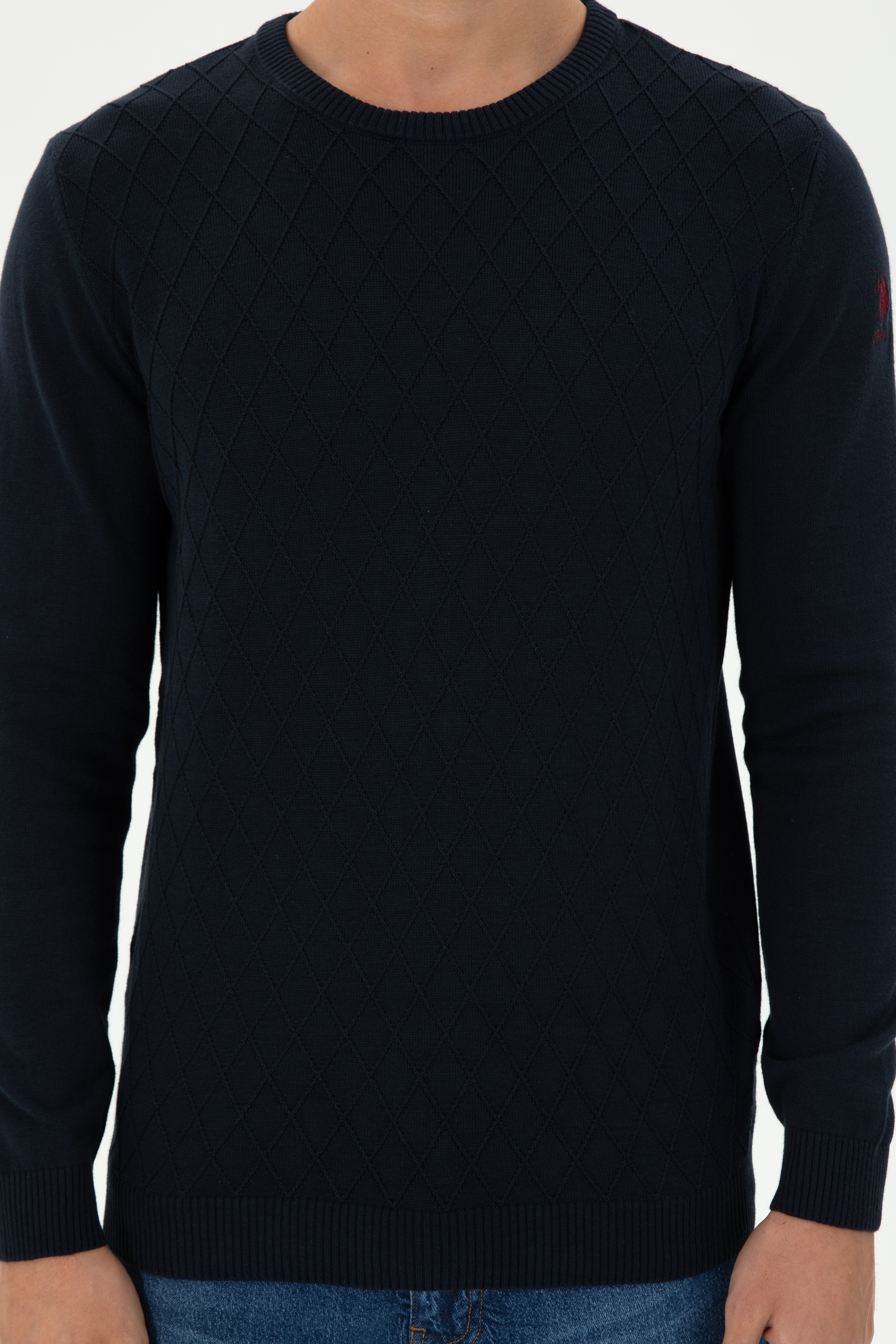 Erkek Slim Fit Bisiklet Yaka Lacivert Kazak - Image 6