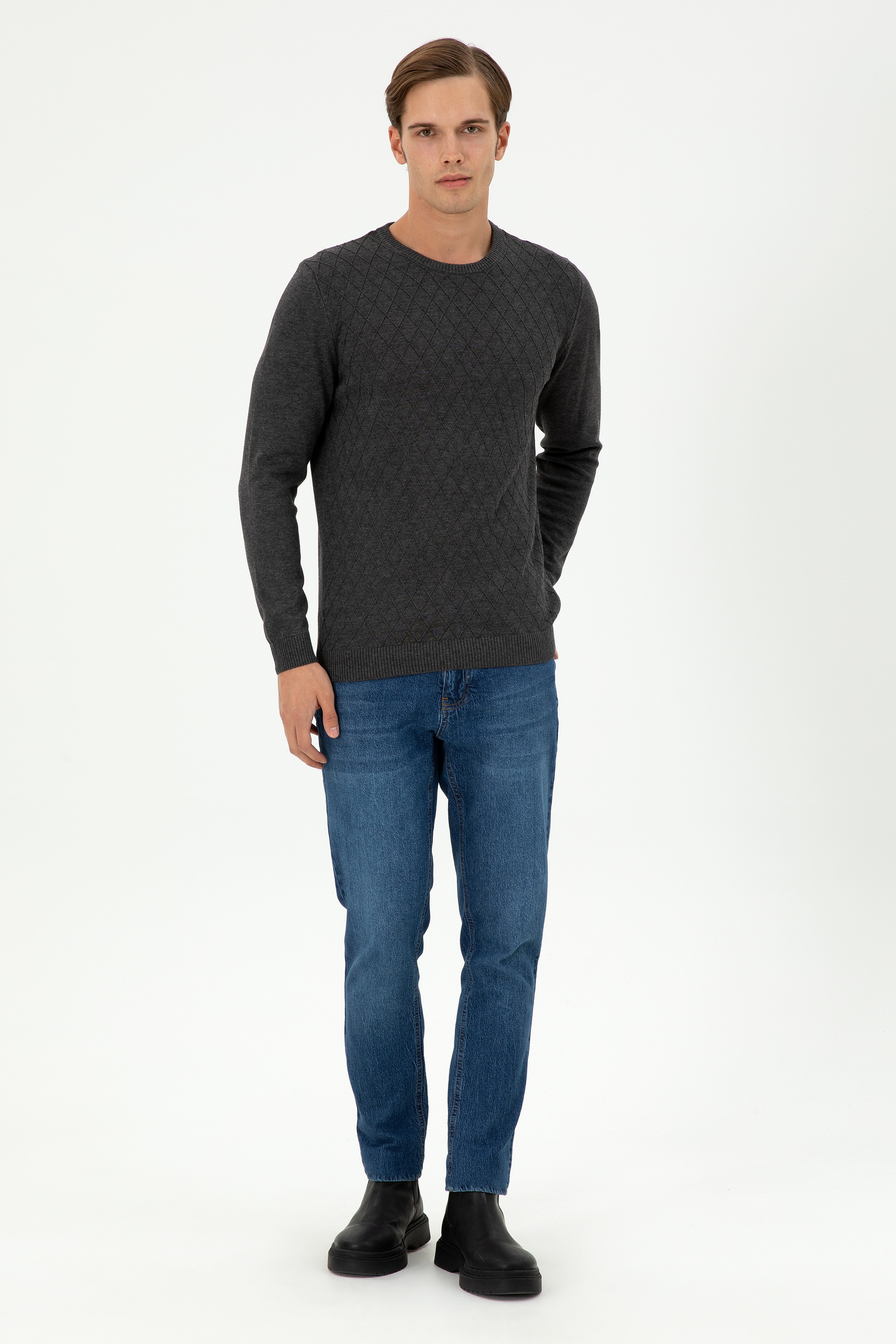 Erkek Slim Fit Bisiklet Yaka Antrasit Melanj Kazak