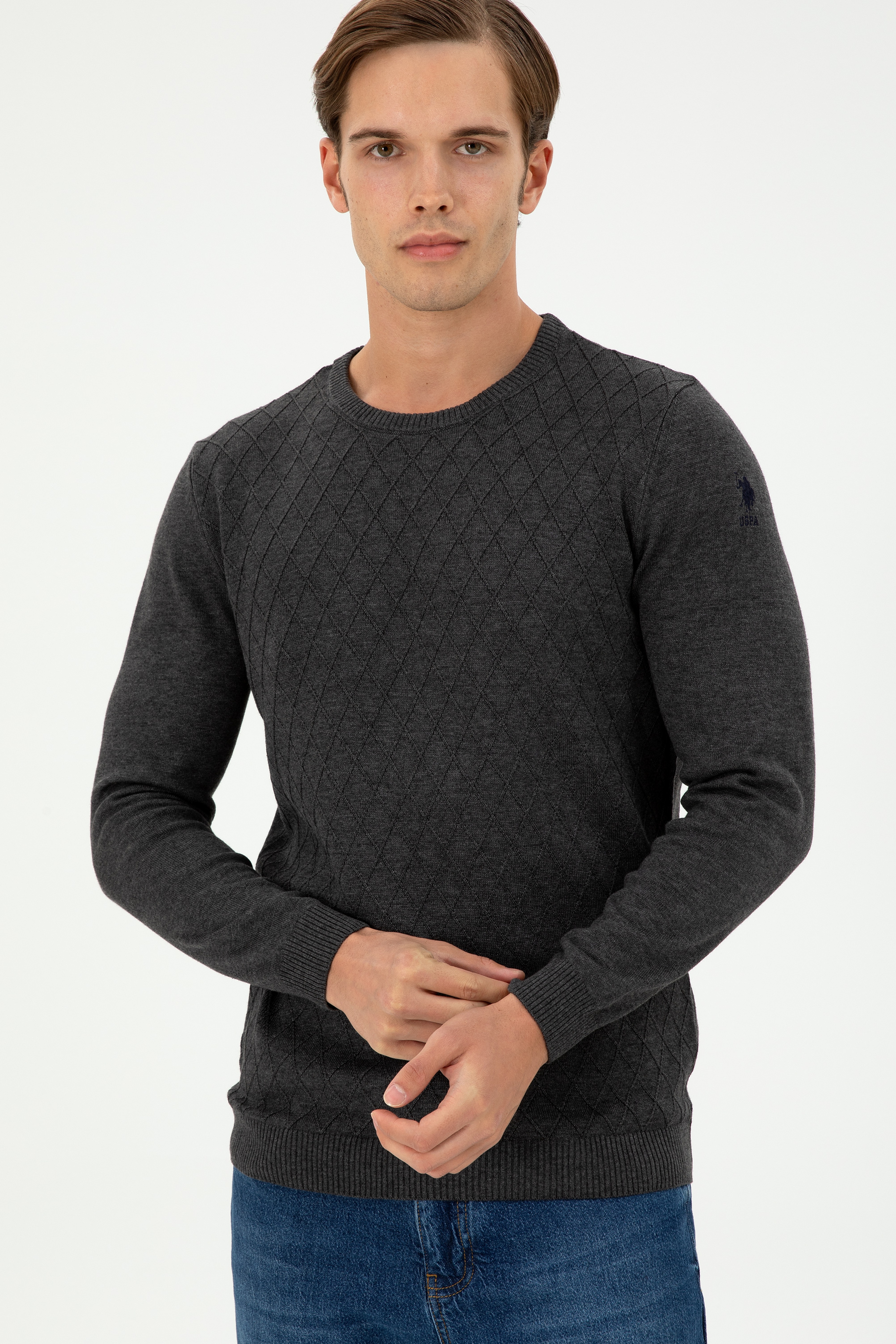Erkek Slim Fit Bisiklet Yaka Antrasit Melanj Kazak