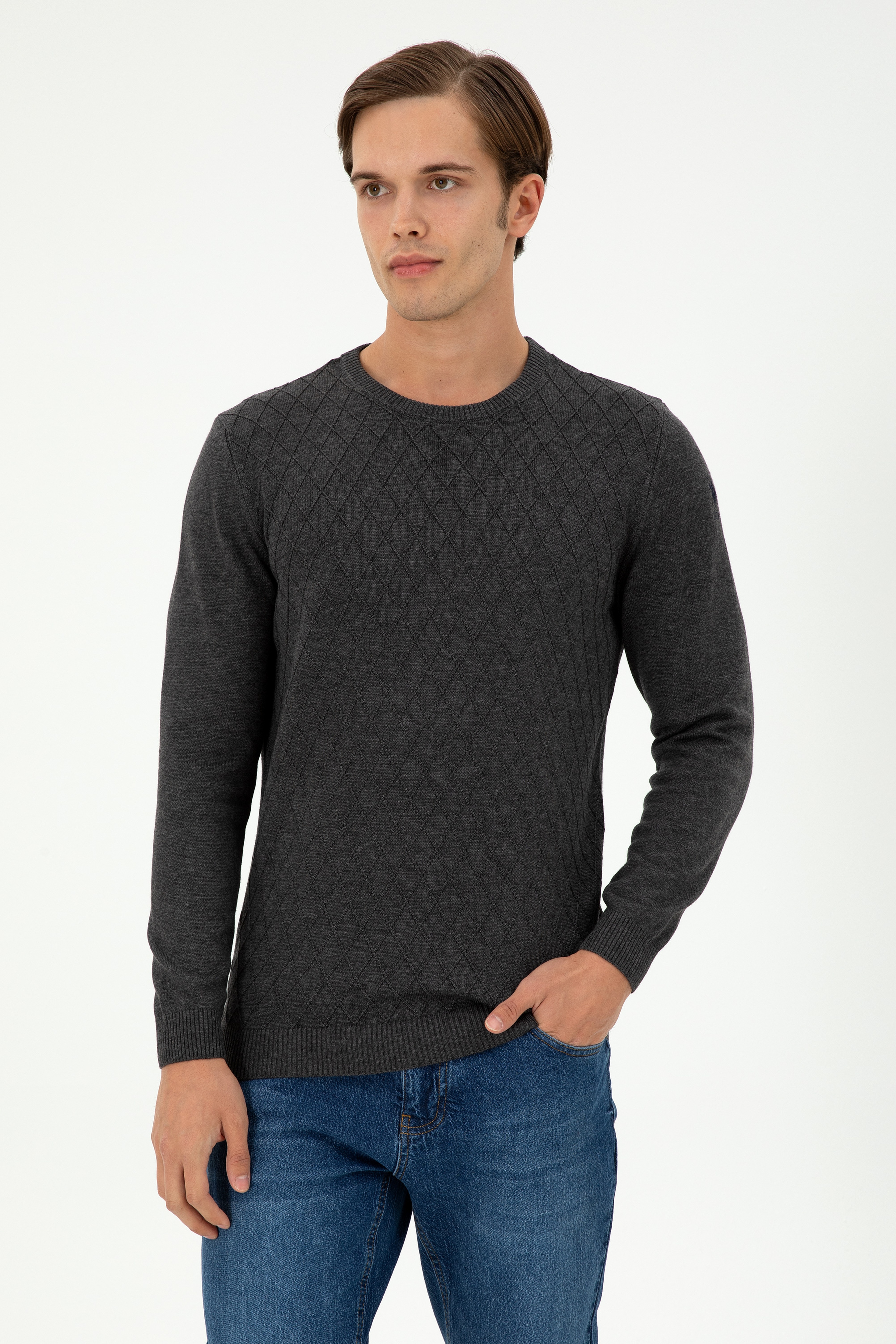 Erkek Slim Fit Bisiklet Yaka Antrasit Melanj Kazak