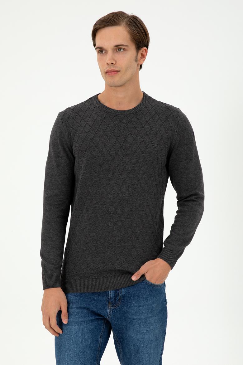 Erkek Slim Fit Bisiklet Yaka Antrasit Melanj Kazak