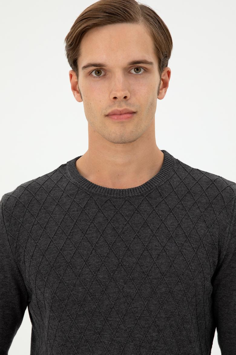 Erkek Slim Fit Bisiklet Yaka Antrasit Melanj Kazak - 50297055025