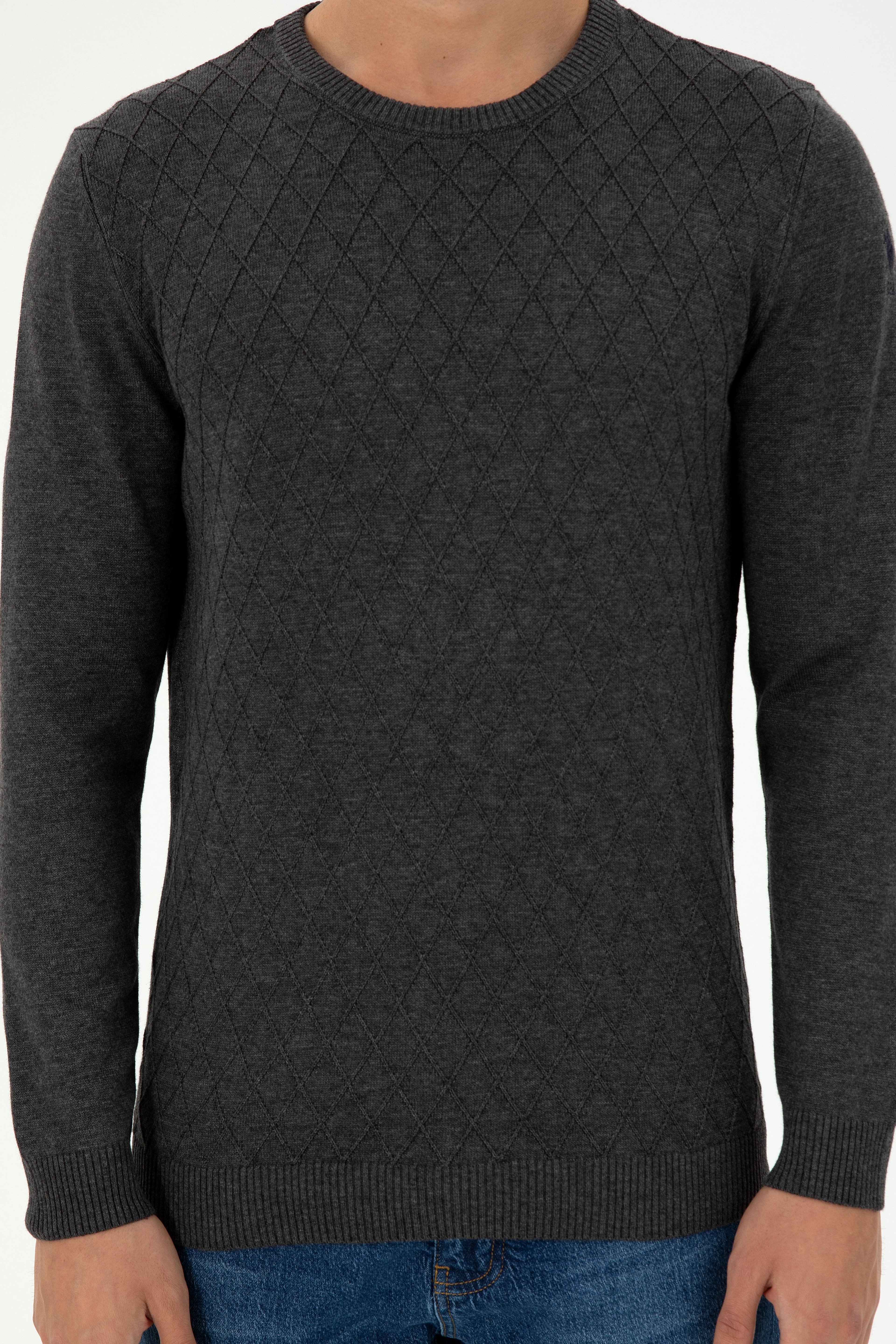 Erkek Slim Fit Bisiklet Yaka Antrasit Melanj Kazak