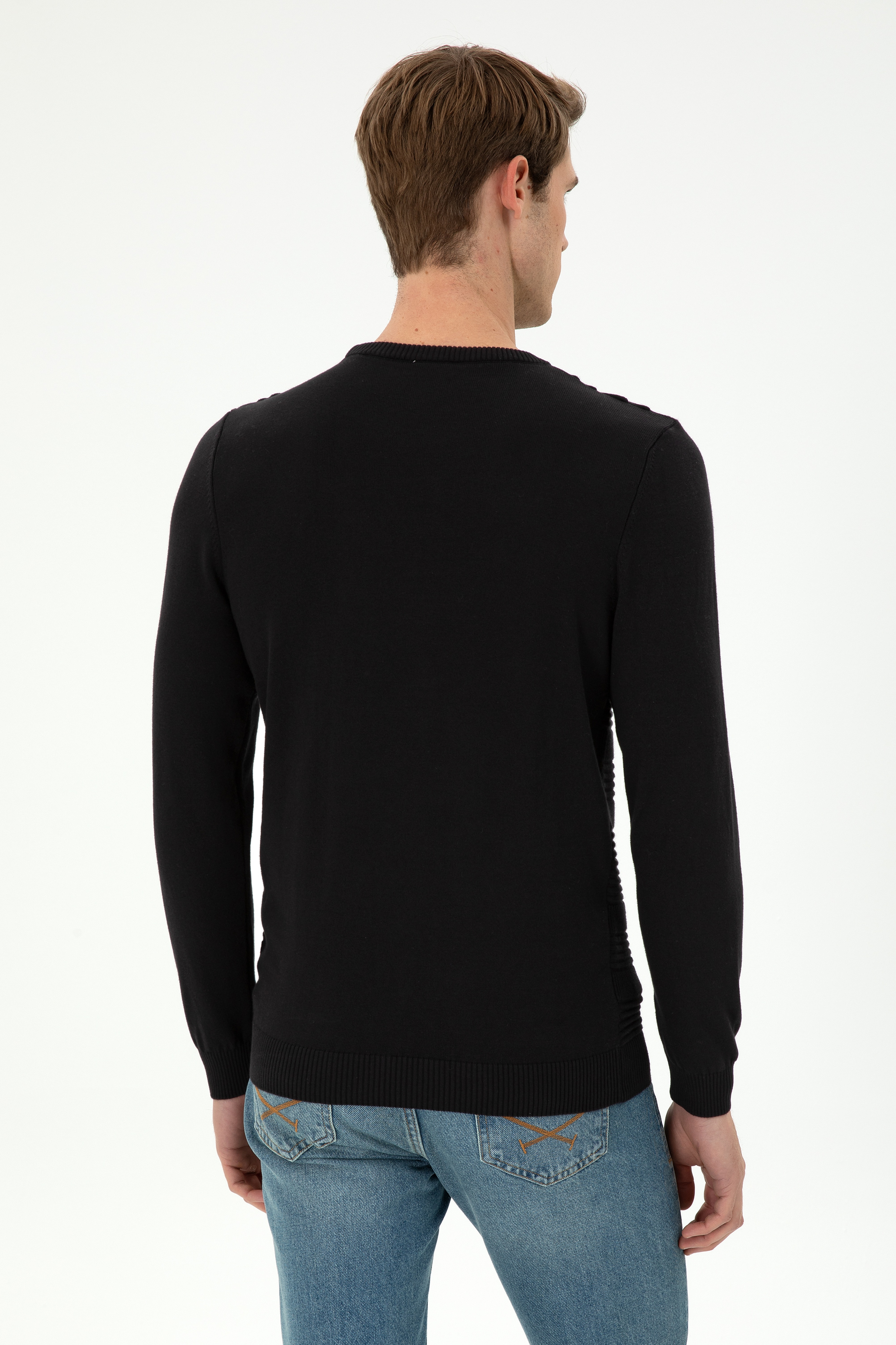 Erkek Slim Fit Bisiklet Yaka Siyah Kazak - Image 5